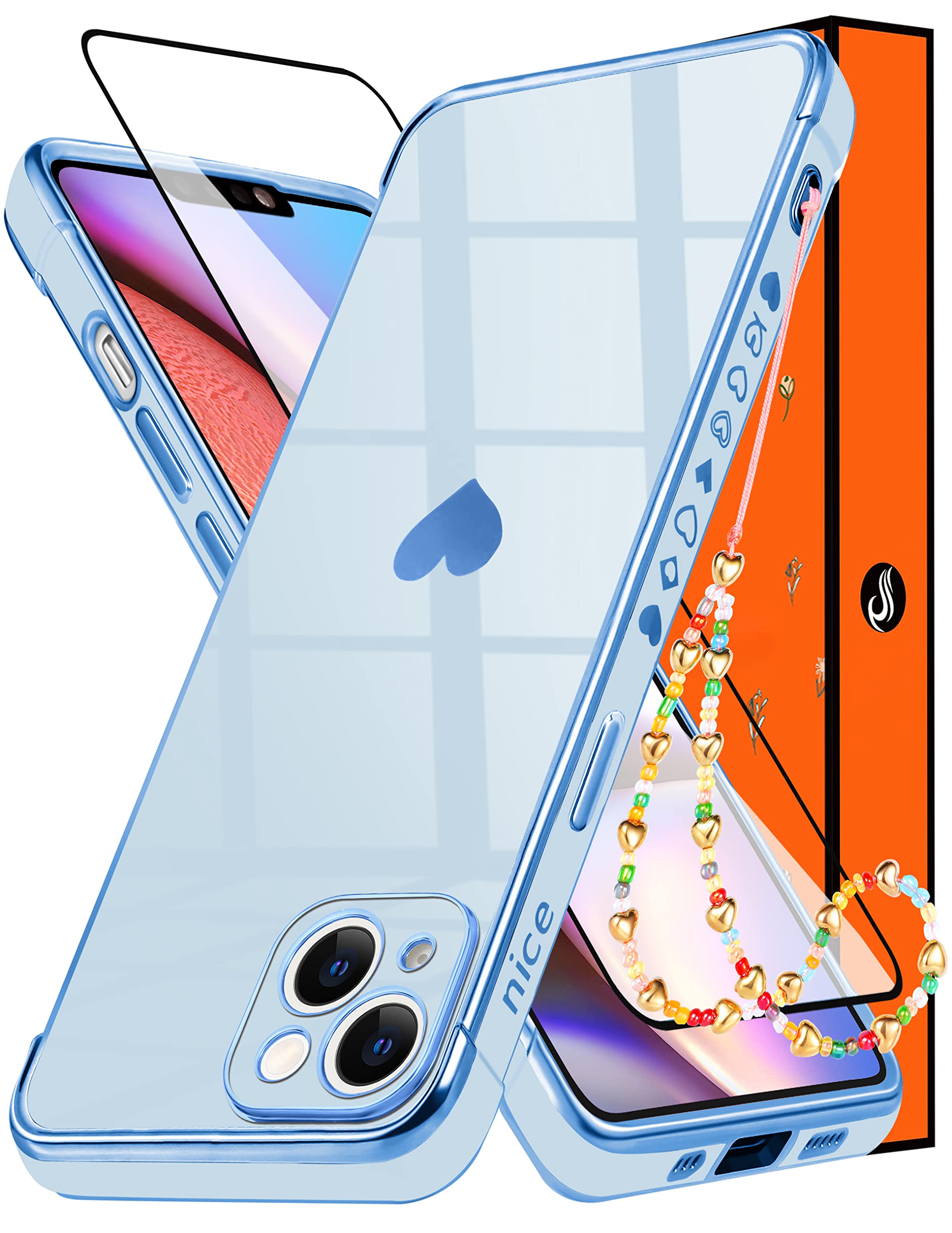 Likiyami 2in1 Luxury Heart iPhone 14 Case for Women - Trendy Blue Plating Love Hearts Cover with Screen Protector & Chain (6.1 inch) | Perfect Gift for Girlfriends, Wives & Fashion Lovers