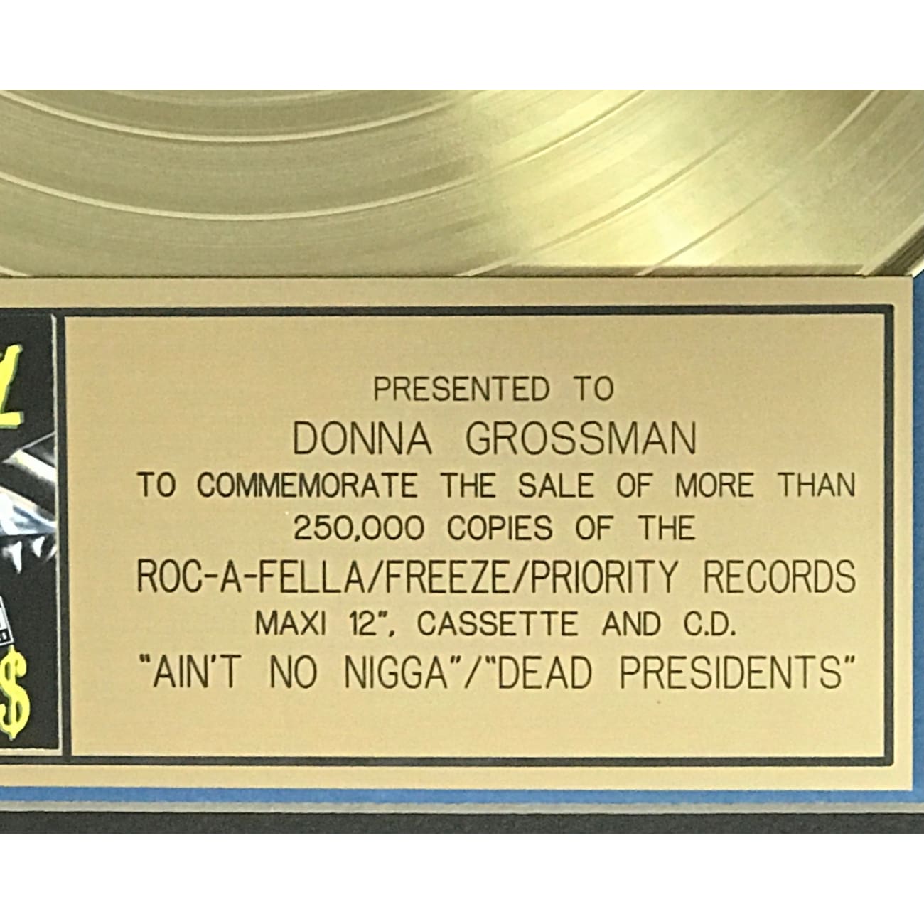 Jay Z Dead Presidents RIAA Gold Maxi Single Award - Rare Collectible Vinyl Record for Music Enthusiasts & Hip-Hop Memorabilia Fans - Perfect for Display, Gifts & Music Collections