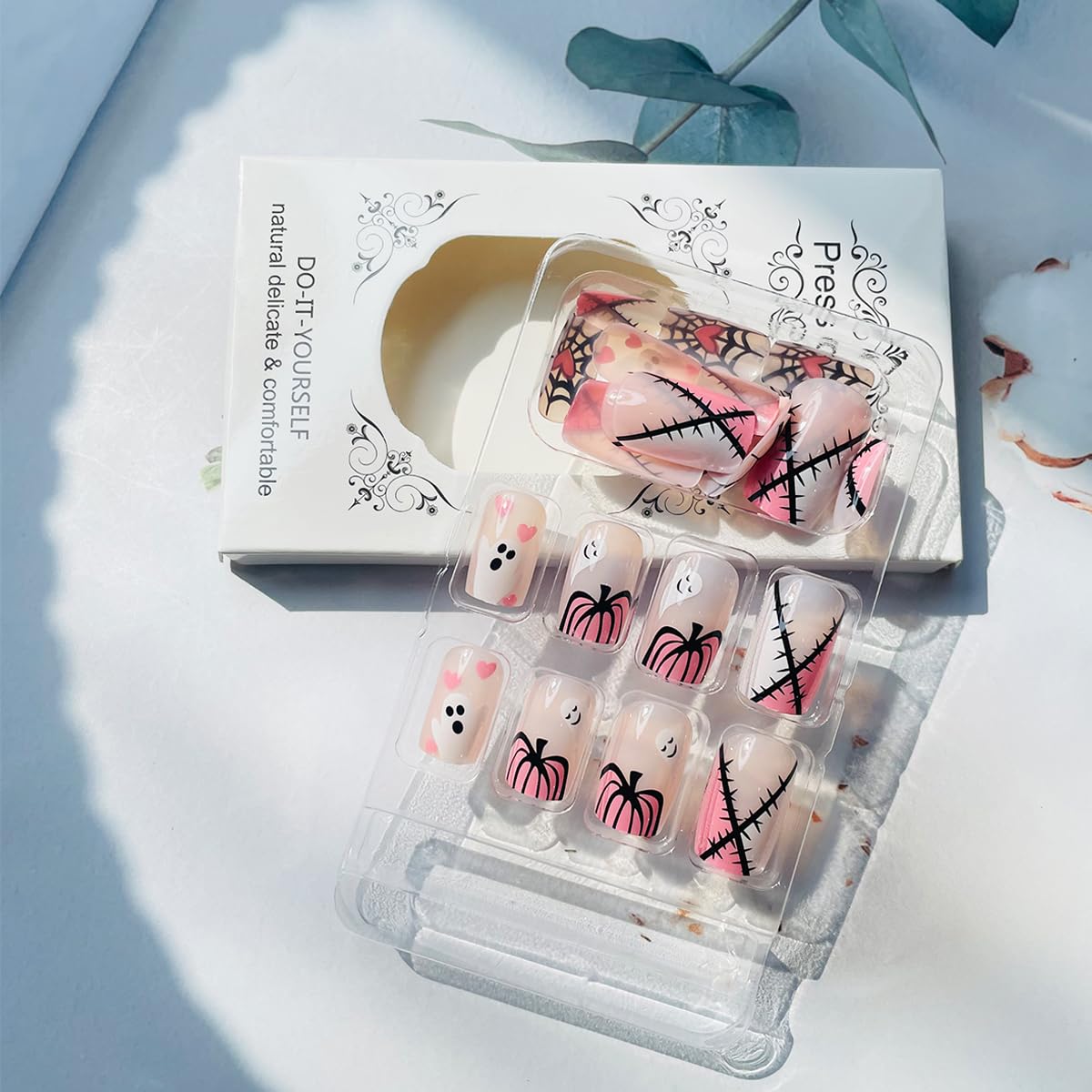 **Halloween Square Press on Nails - 24Pcs Medium Fake Nails with Cute Pumpkin & Ghost Designs, Glossy Pink Acrylic False Nails for Women - Perfect for Halloween Parties, Costumes & Holiday Manicure Decorations**