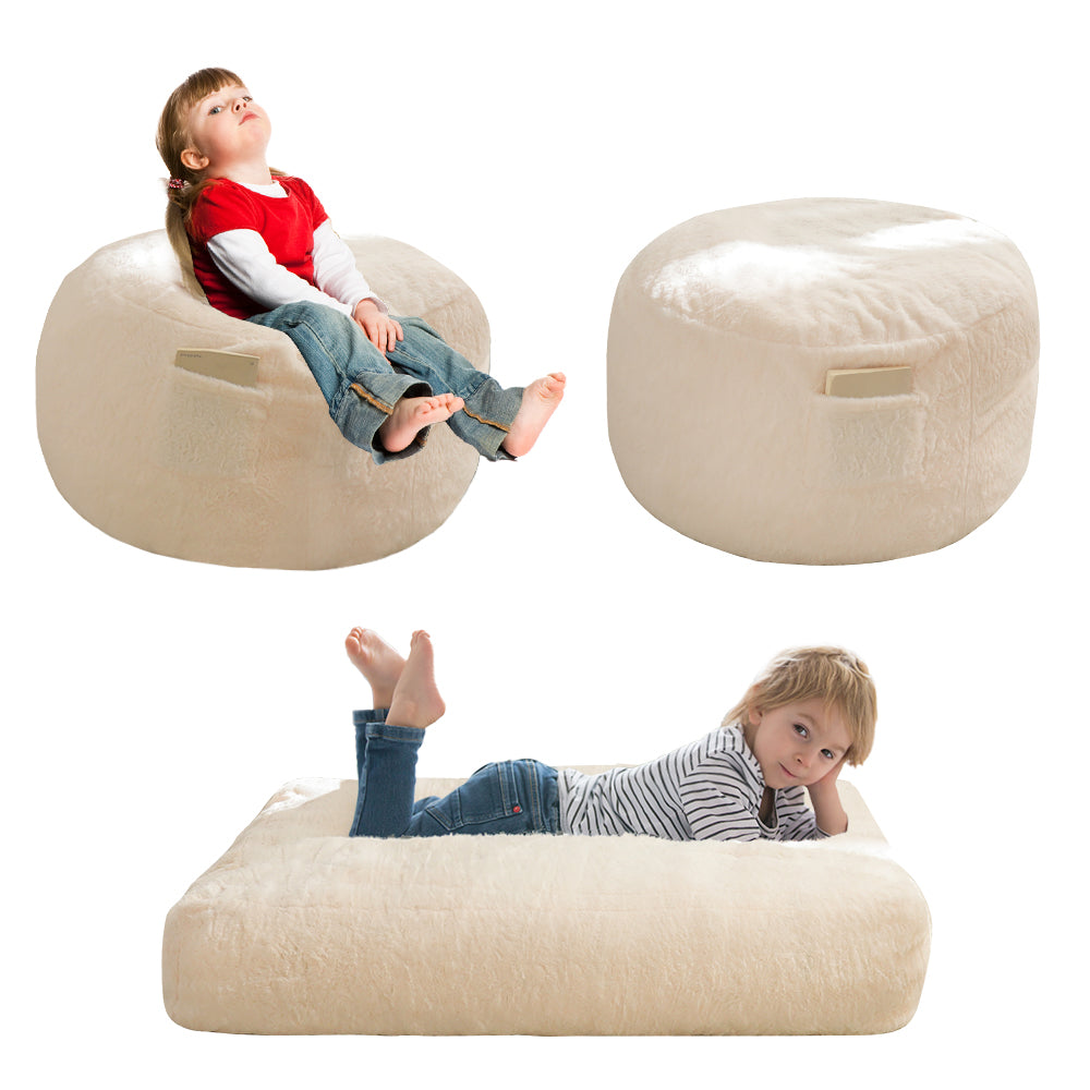 MAXYOYO Kids Bean Bag Chair Bed - Convertible Lazy Chair to Floor Mattress (Beige) | Perfect for Playroom, Bedroom & Dorm Room Relaxation