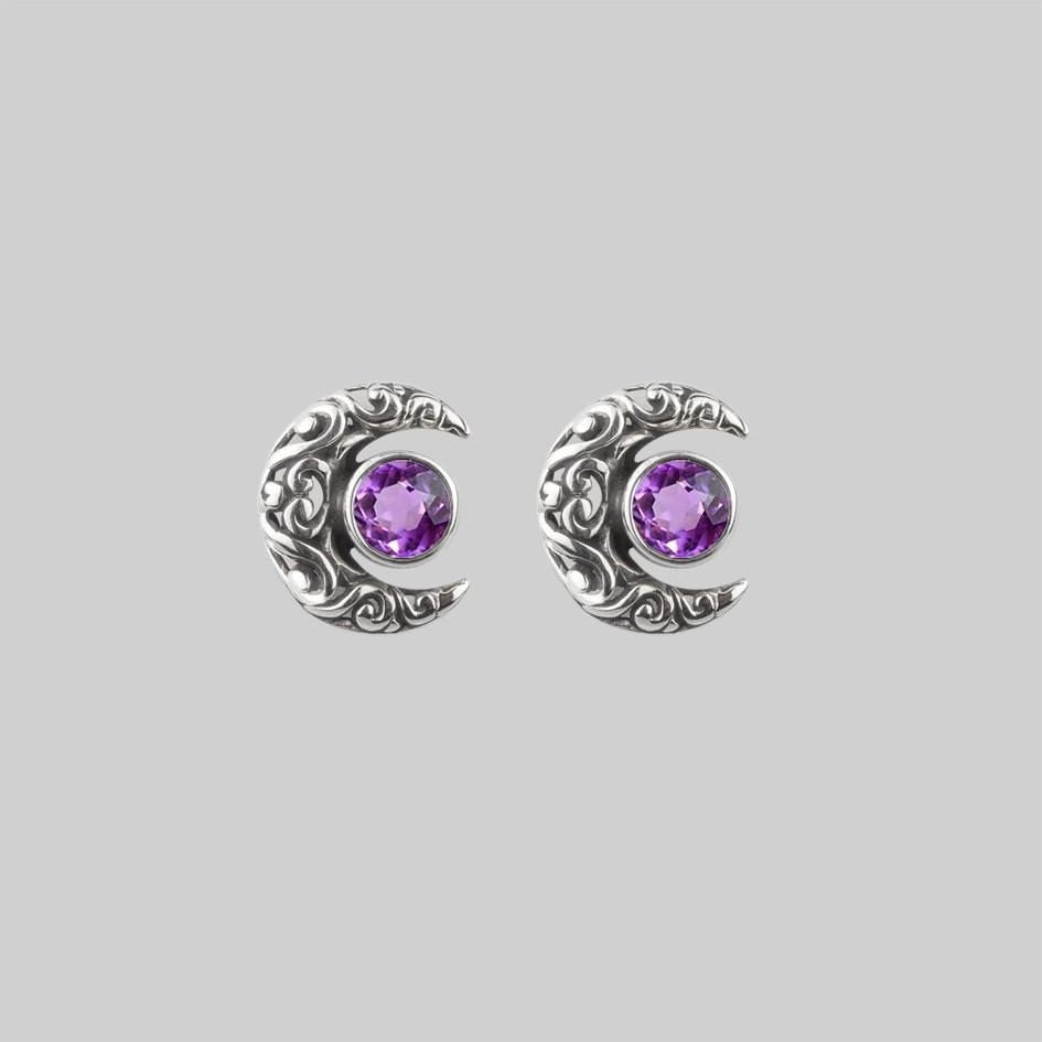 Wisdom Silver Moon Crescent Earrings with Amethyst – Elegant Boho Jewelry for Women, Perfect for Parties, Weddings & Everyday Wear