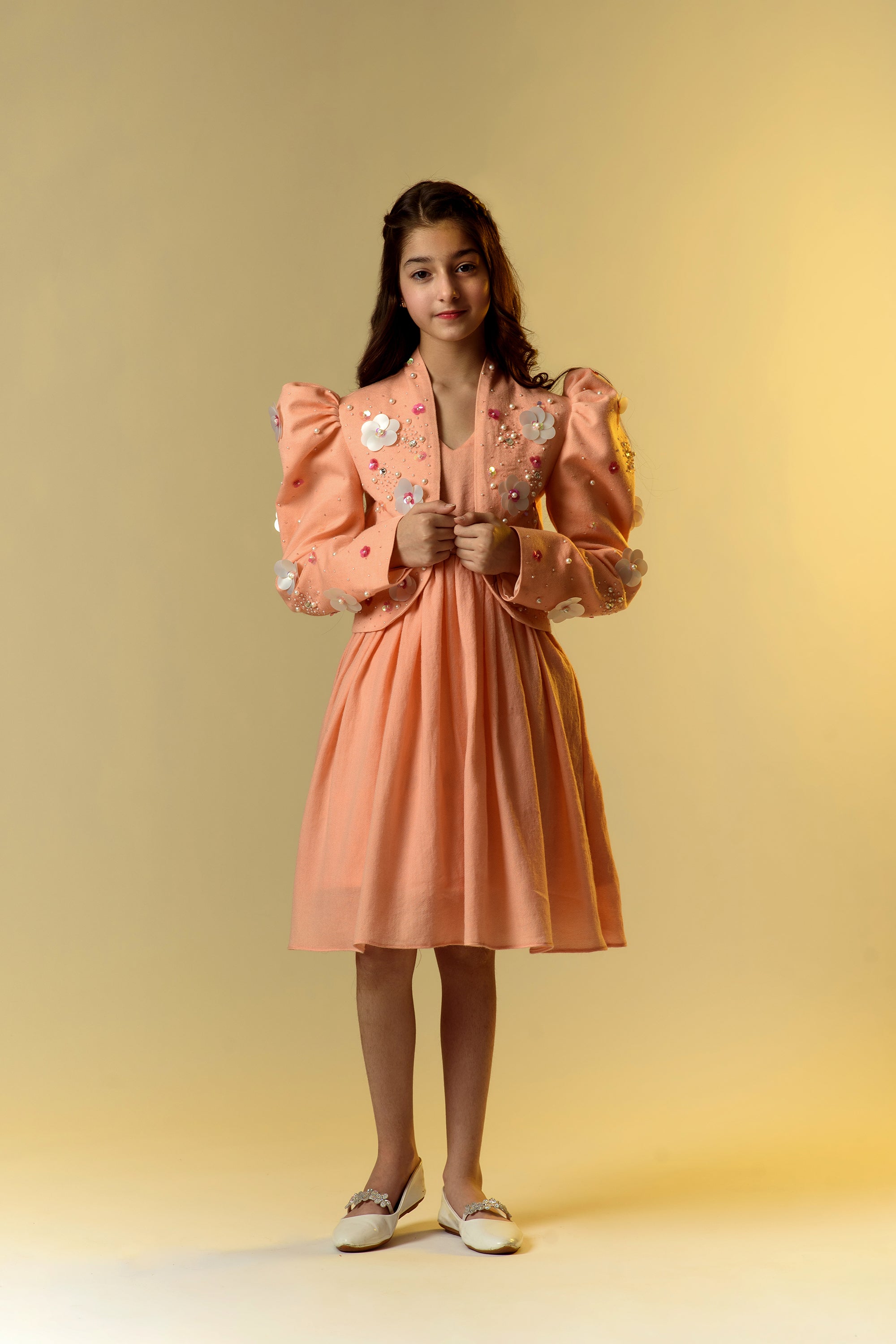 Florid Dreams Embroidered Organic Wool Twill Jacket & Dress Set with Adjustable Belt for Girls | Perfect for School, Parties & Special Occasions