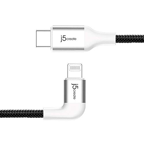 J5create USB C to Lightning Cable 4ft - Apple MFi Certified Right Angle Braided Charging Cord for iPhone 12/12 Mini/12 Pro/11 Pro Max/X/XS/XR/8, iPad & AirPods Pro | Fast Charging, Durable Design (White) - Perfect for Home, Office & Travel Use