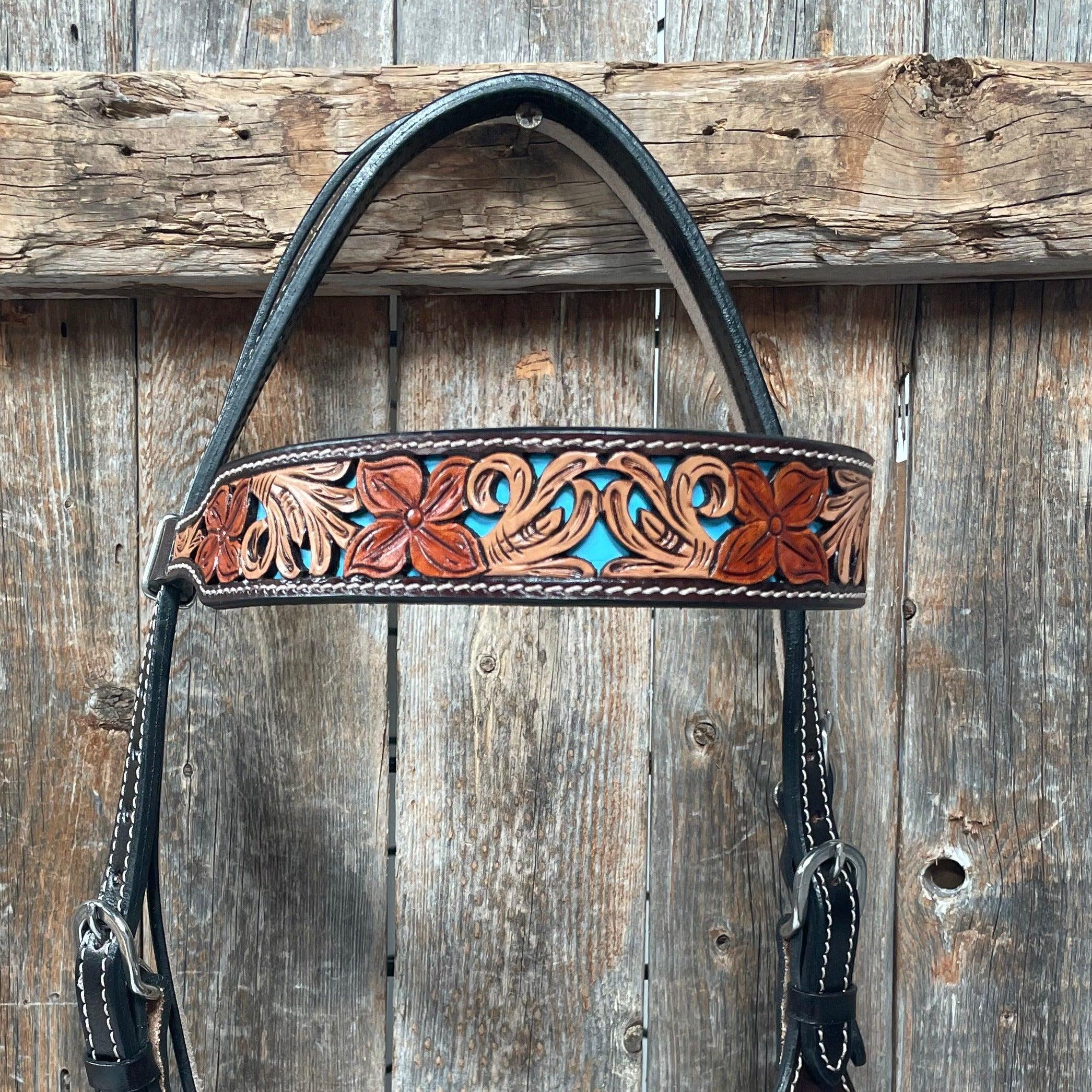 Premium Dark Oil Blue Inlay Browband Headstall Bridle for Horses - Western & English Riding, Show & Trail Use - Model #FK104