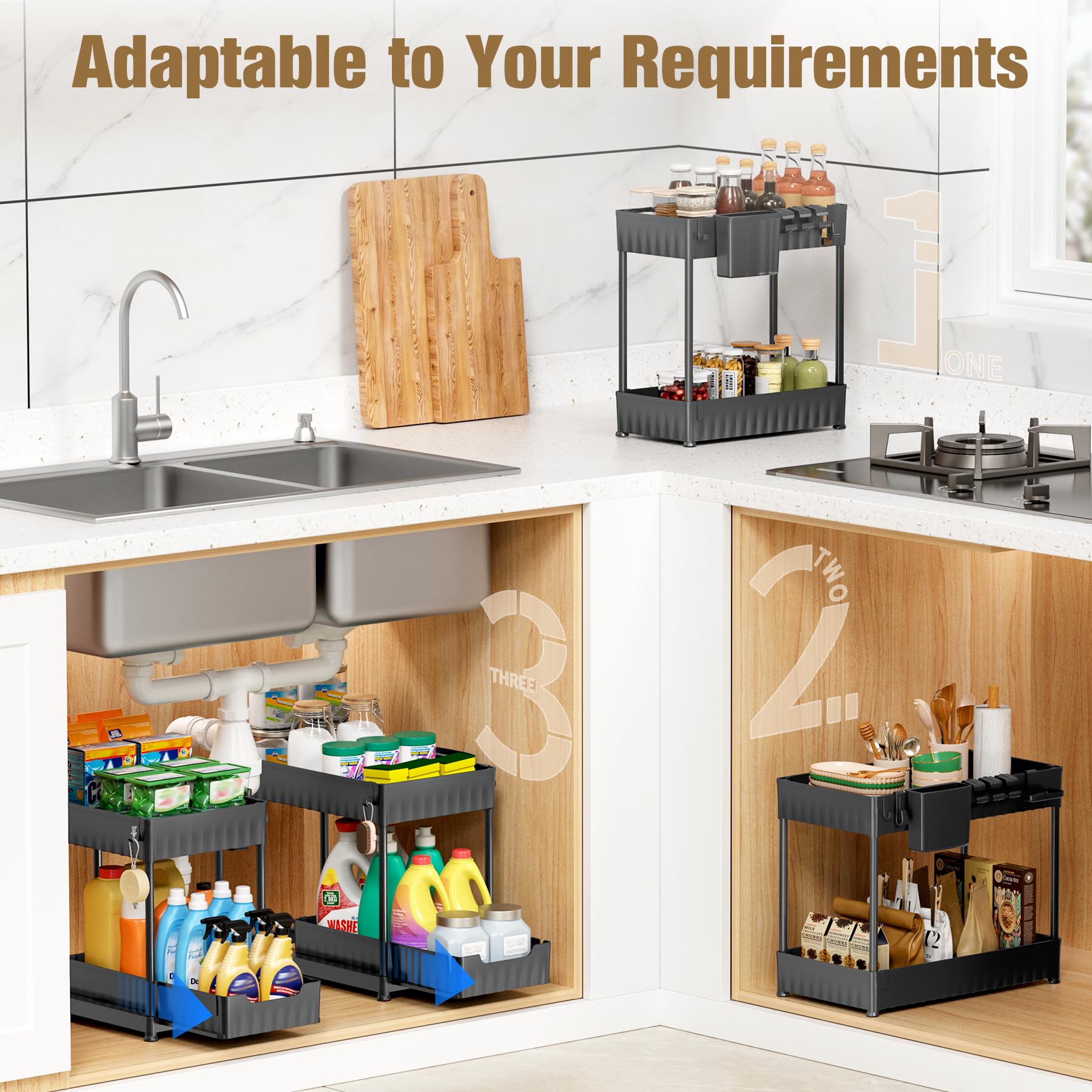 2-Pack Under Sink Organizer Set - Durable ABS Material 2-Tier Sliding Kitchen & Bathroom Storage with Hanging Cups - Space-Saving Cabinet Organizer for Sponges, Soaps & Cleaning Supplies (Black) - Perfect for Small Kitchens, Bathrooms & RVs