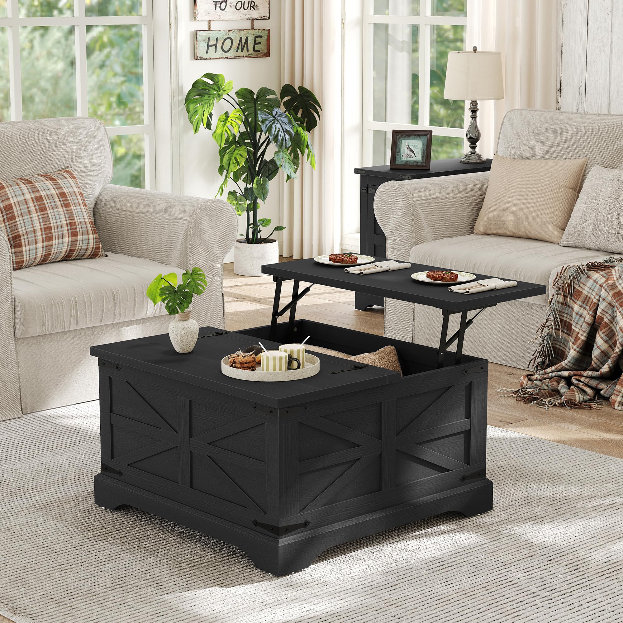 Farmhouse Lift Top Coffee Table with Hidden Storage - Square Rustic Wood Center Table for Living Room, Hinged Lift Top Cocktail Table - Perfect for Small Spaces, Home Office, and Cozy Farmhouse Decor (Black)