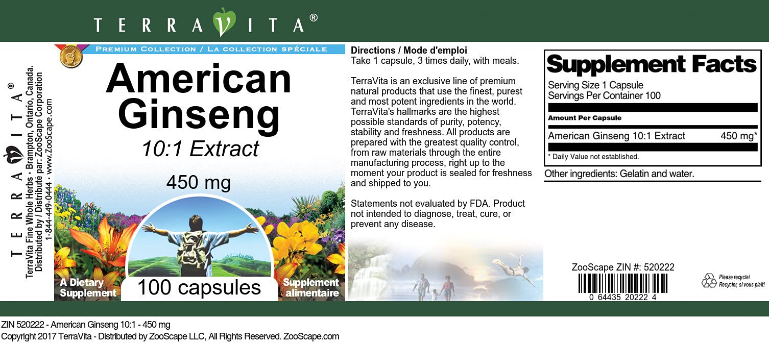 Premium American Ginseng Extract 10:1 - 450mg per Serving (100 Capsules) | Natural Energy Booster & Immune Support | ZIN: 520222 | Perfect for Daily Wellness & Stress Relief