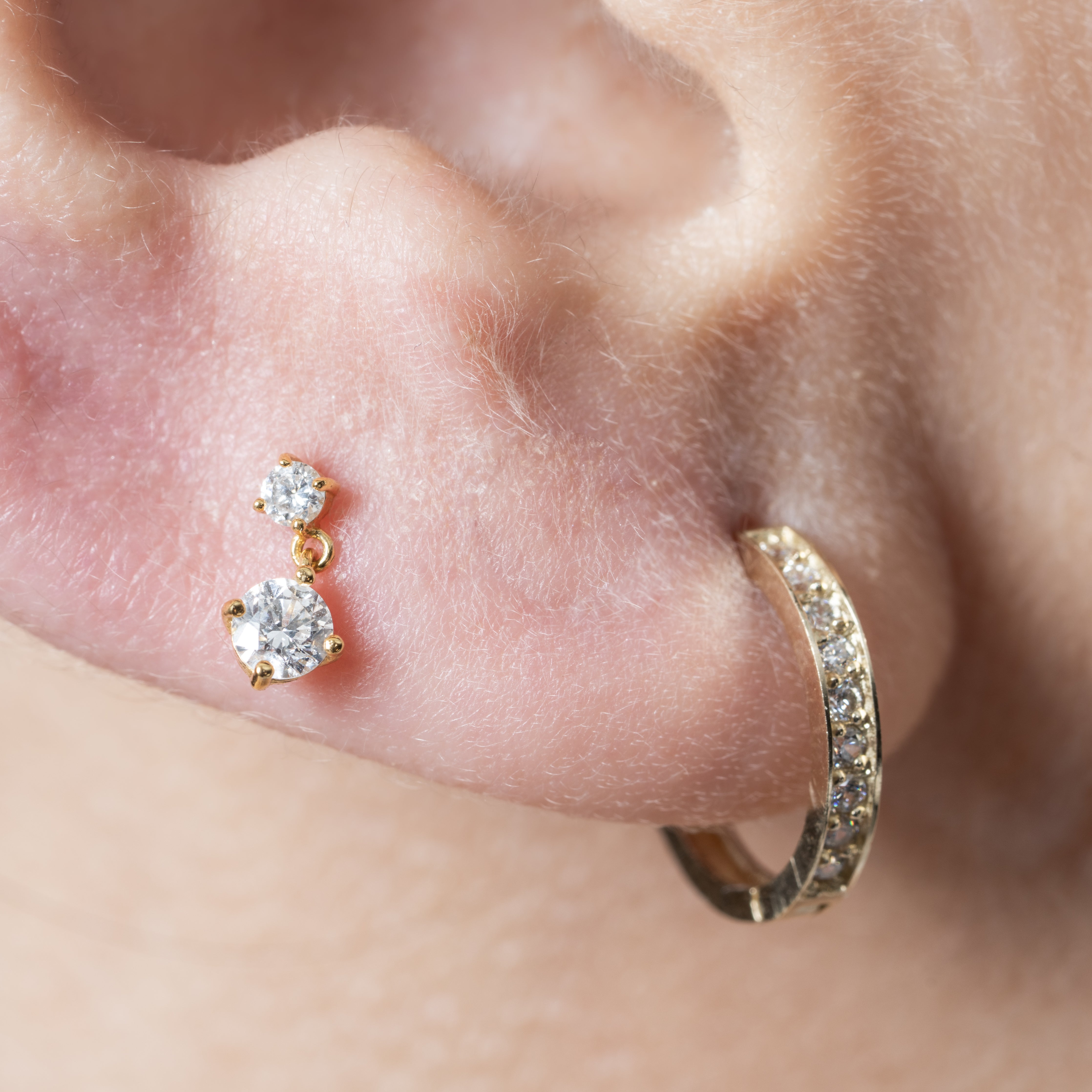 14K Yellow Gold Double Diamond Drop Flat Back Stud Earrings - Elegant & Dainty for Everyday Wear, Parties & Gifts