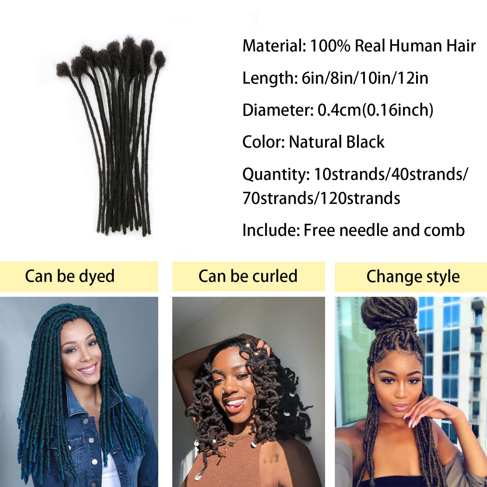 6 Inch Permanent Human Hair Loc Extensions - 70 Strands 0.4cm Real Dreadlocks for Men, Women & Kids - Dyeable, Bleachable & Curlable - Perfect for Protective Styles, Natural Hair Growth & Fashion Looks