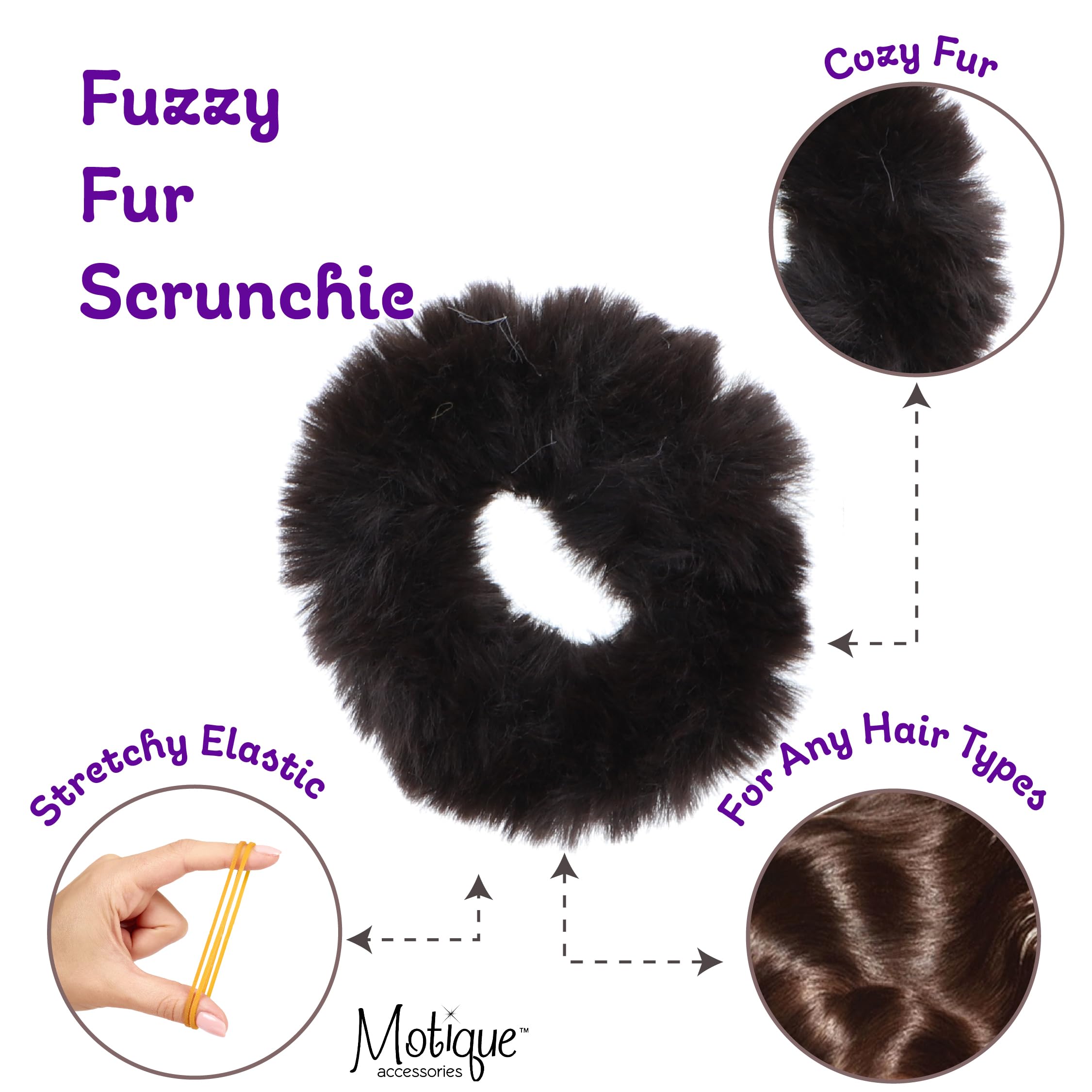 Small Fuzzy Fur Scrunchies Furry Pony Holder - Set of 2 - Dark Brown Hair Accessories for Women Girls