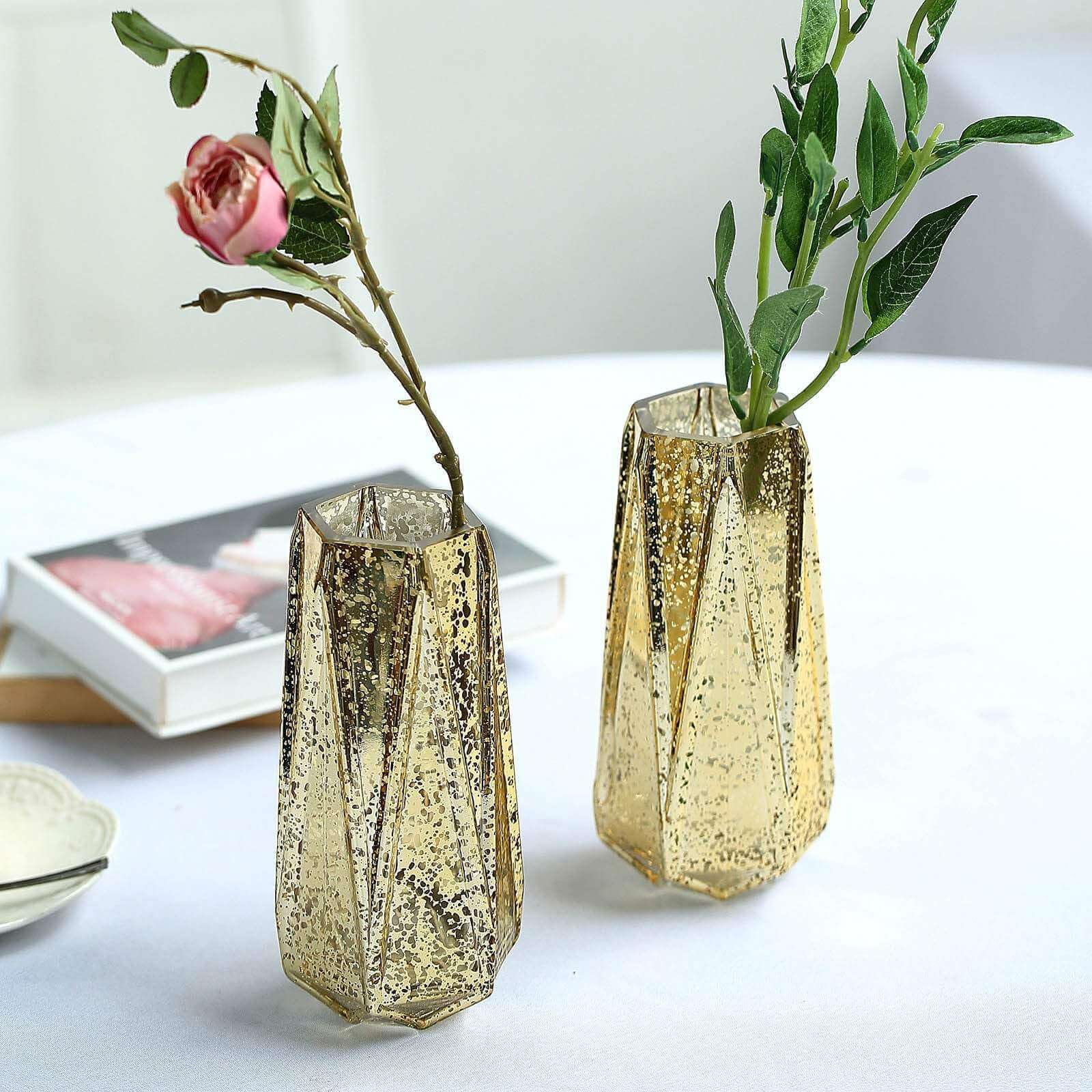 Efavormart 2 Pack 8 Inch Gold Mercury Glass Vases - Geometric Flower Vases for Wedding Centerpieces, Home Decor, and Party Table Decorations