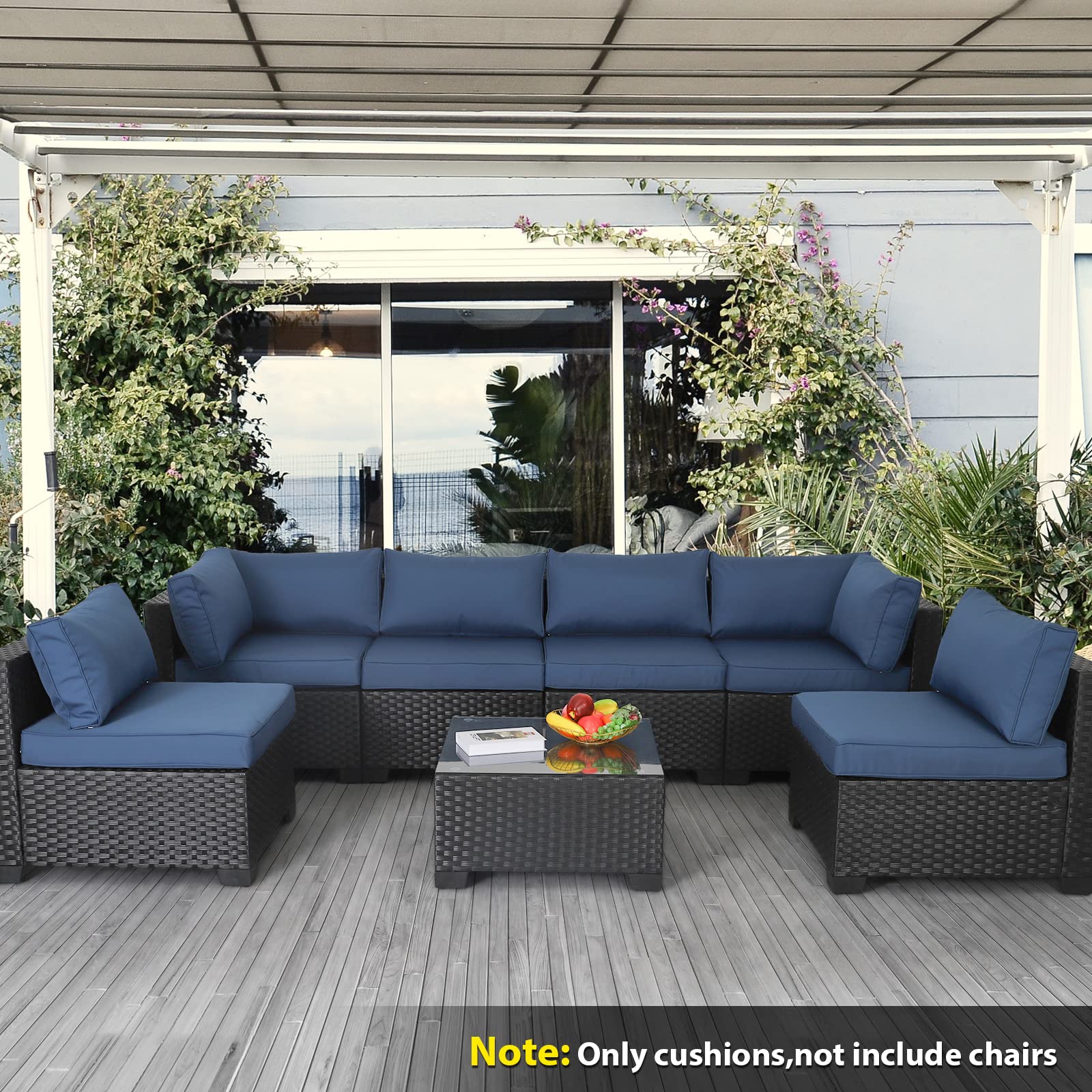 Valita 14-Piece Outdoor Replacement Cushions Set for 6-Seat Sectional Rattan Furniture - Water-Resistant Patio Sofa Cushions with Liner & Cover (Navy Blue) - Perfect for Backyard, Poolside, and Garden Conversation Areas
