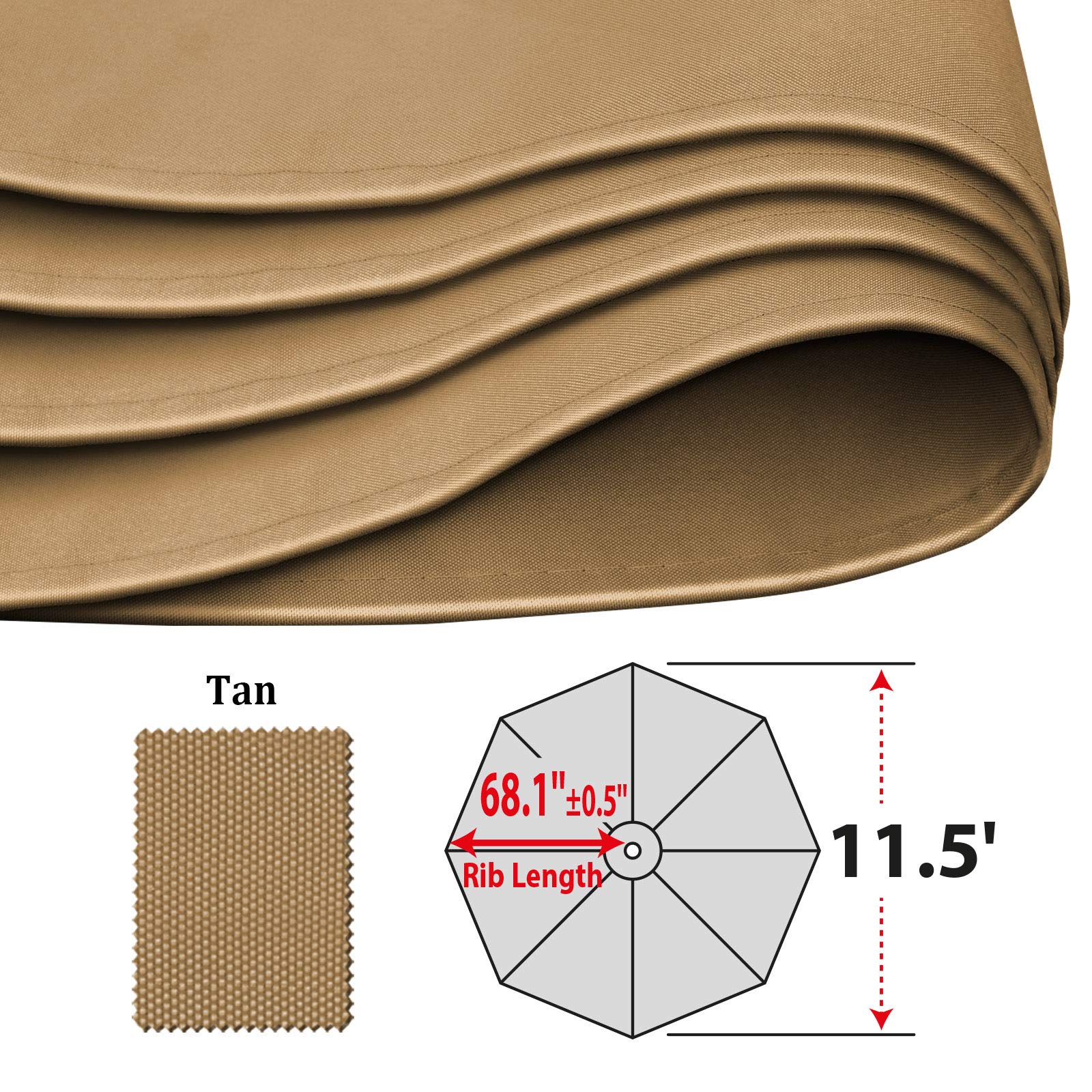 BenefitUSA 11.5ft Patio Umbrella Replacement Canopy - 8 Ribs Outdoor Tan Cover for Garden, Poolside & Backyard Relaxation