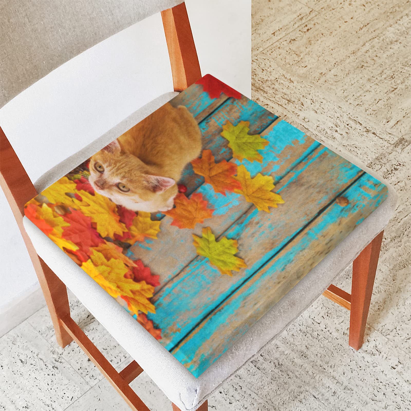 Maple Leaves Wood Cat Memory Foam Seat Cushion - Soft, Washable & Comfortable Square Chair Pad with Zipper for Kitchen, Office, Sofa & Home Use - Perfect for Back Support & Long Sitting Comfort