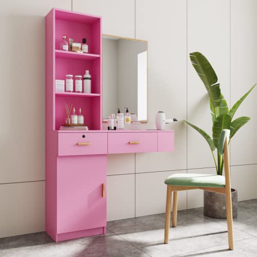 Wall Mounted Hair Styling Station - Professional Barber Salon Equipment Set with Floating Vanity Makeup Table, 2 Drawers & Multi-Layer Storage Cabinet (Pink) - Perfect for Home Salons, Spa Rooms & Beauty Studios