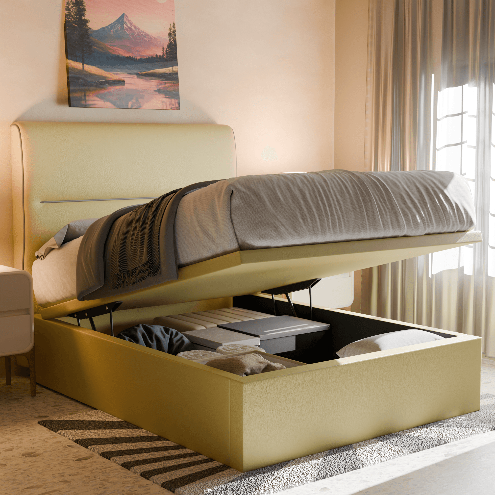 Emilia Faux Leather Upholstered Storage Bed Frame with Underbed Drawers - Queen Size Platform Bed with Headboard for Modern Bedroom, Guest Room or Small Space