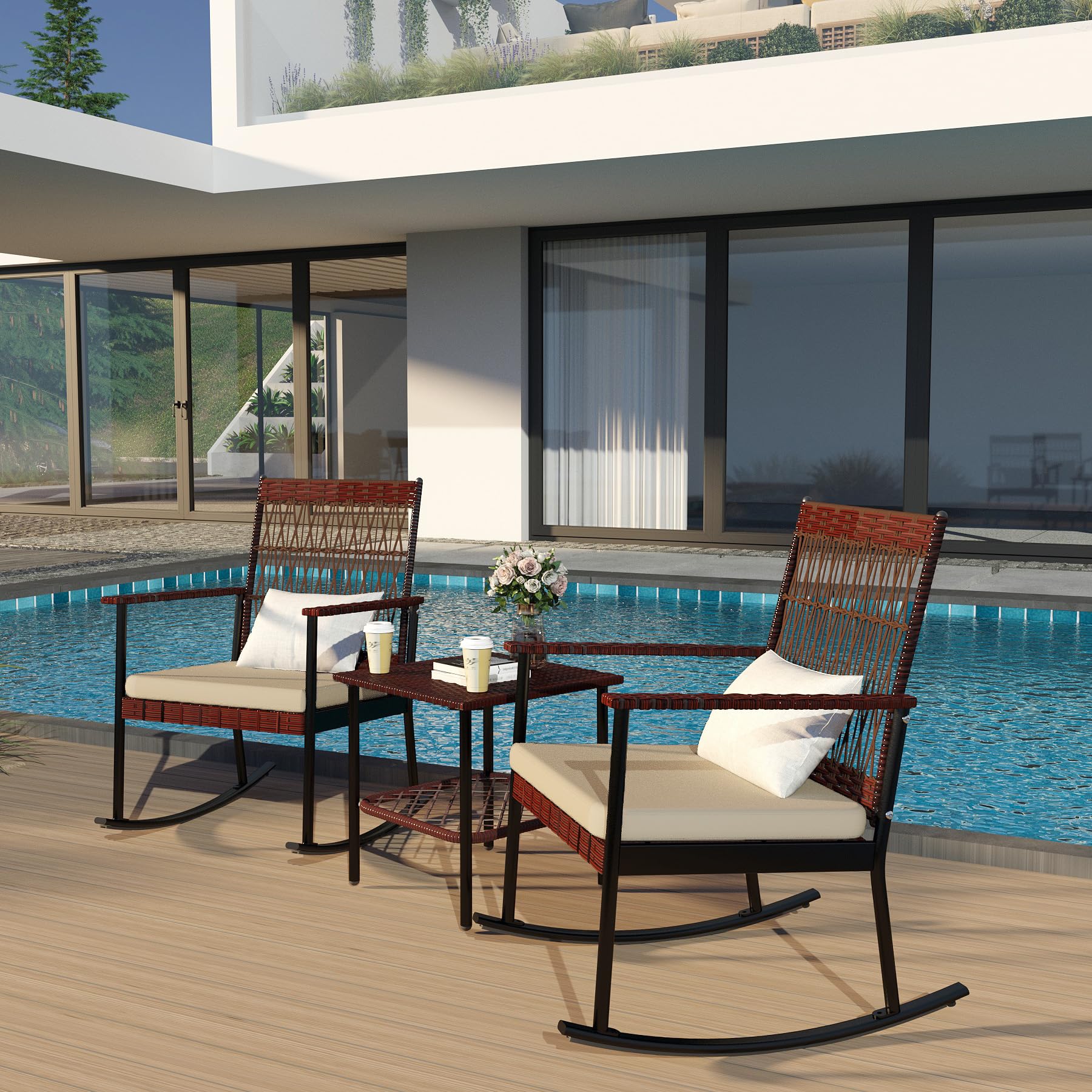 3-Piece Patio Conversation Set with 2 Rocking Chairs - Brown Wicker Rattan Outdoor Furniture with Coffee Table & Beige Cushions for Porch, Garden, Backyard, Lawn - Perfect for Relaxing, Entertaining & Outdoor Gatherings