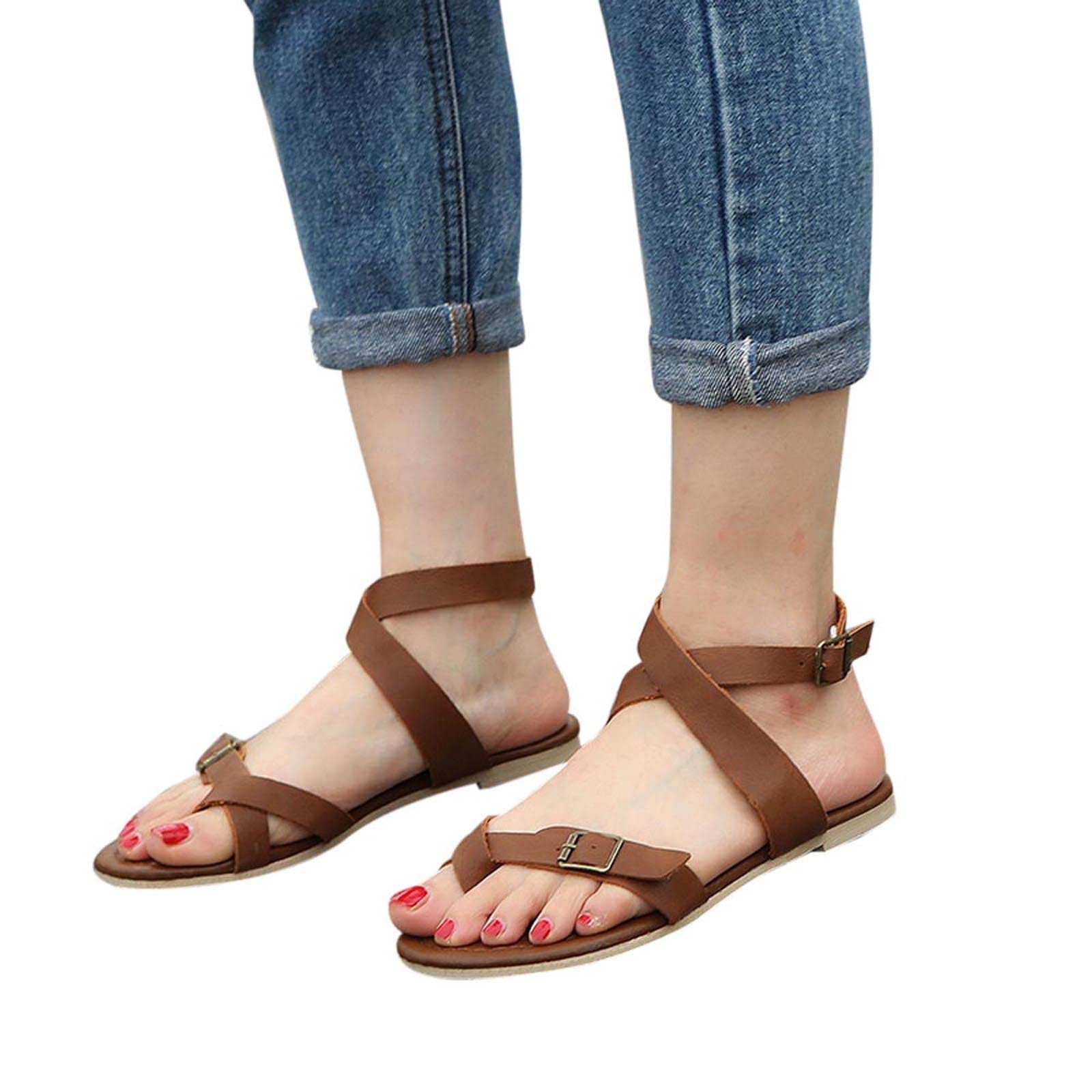 Women's Clip Toe Flat Sandals - Summer Fashion Cross Strap Double Belt Metal Buckle Roman Slide Sandals - Comfortable Casual Ladies Outdoor Shoes for Beach, Vacation & Daily Wear