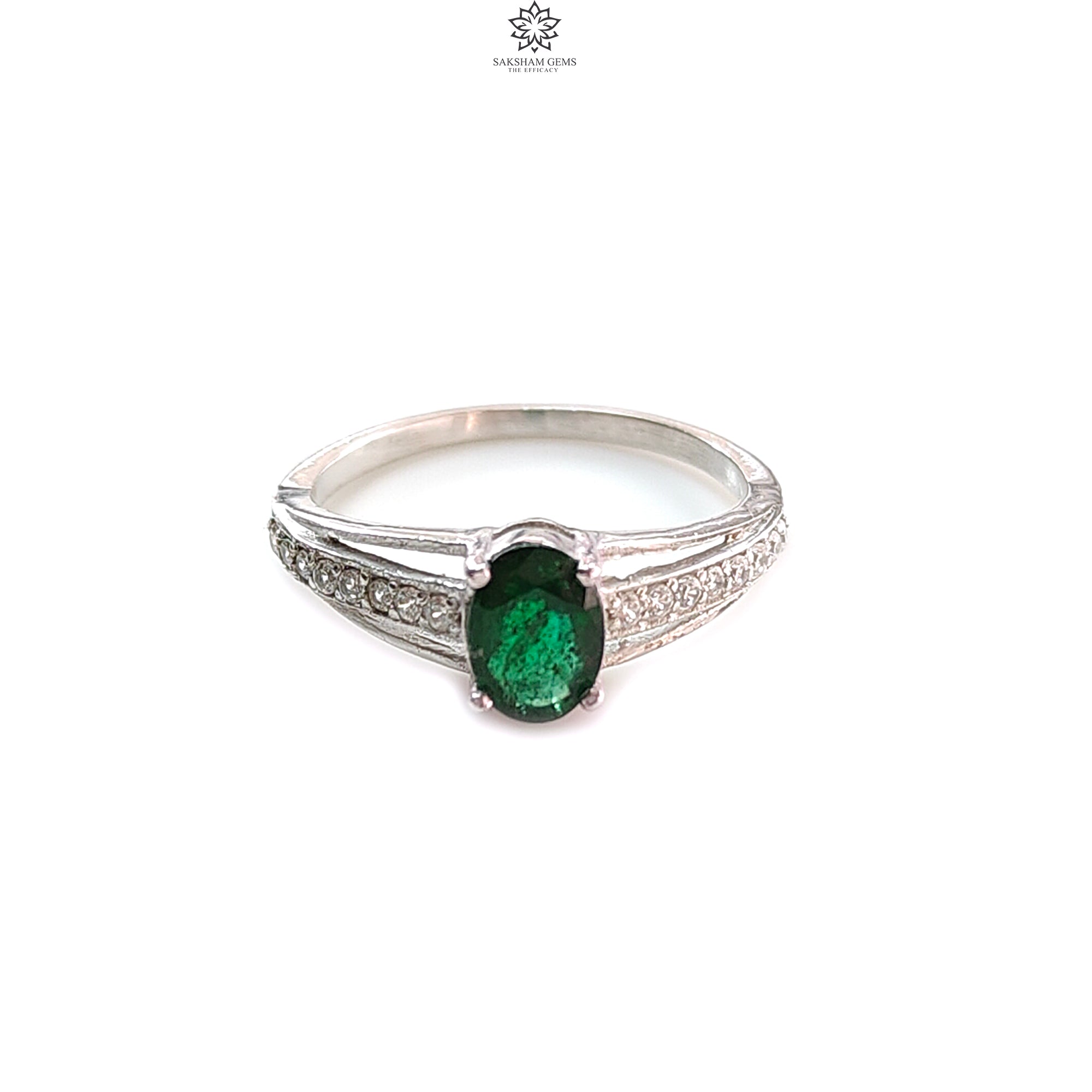 Natural Untreated Emerald Oval Faceted Cut Ring - 925 Sterling Silver Prong Set with CZ Stones (1.84g, Size 7 US) - Elegant Jewelry for Women, Perfect for Weddings, Parties & Special Occasions