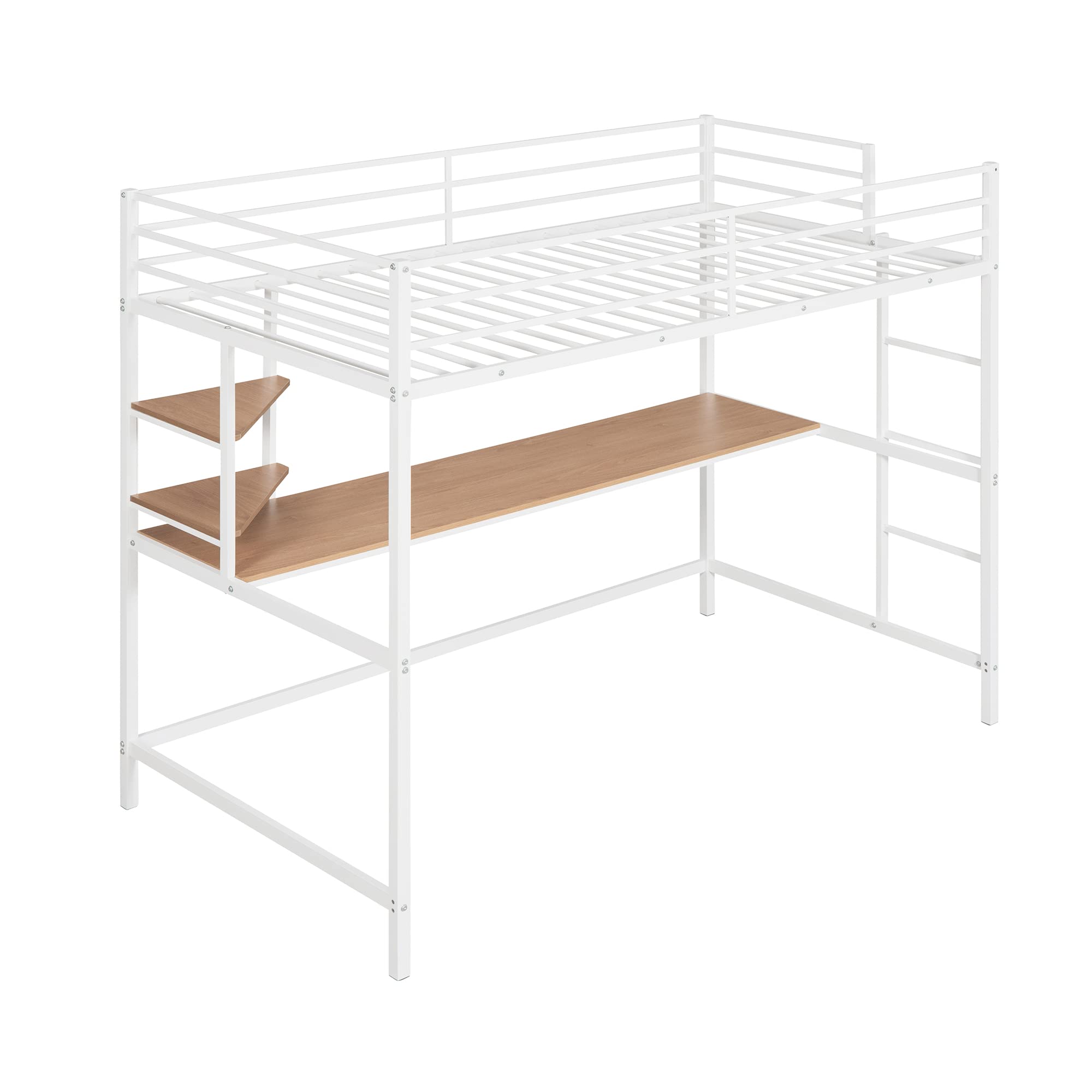 Twin Size Loft Bed with Desk & Storage - Heavy Duty Metal Frame for Kids - Safety Guardrail & Space Saving Design - Perfect for Small Bedrooms, Dorms & Studio Apartments (White)