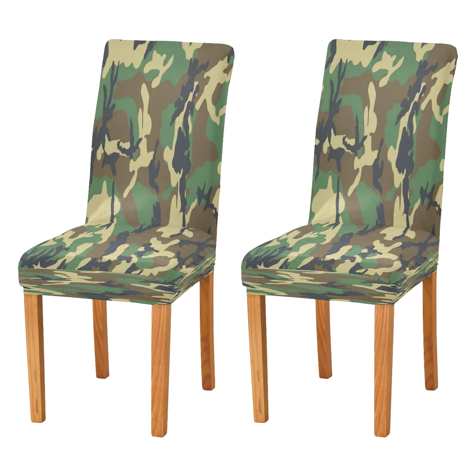 Military Green Camo Stretch Chair Slipcovers - Washable & Anti-Dust Dining Room Chair Covers Set of 4 - Perfect for Kitchen, Restaurant, and Outdoor Use