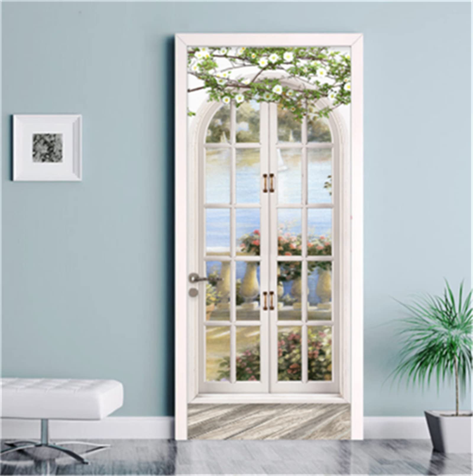 European Style 3D Peel and Stick Door Sticker - Self-Adhesive Arch Pastoral Wall Mural Wallpaper for Bedroom Decor (30.3