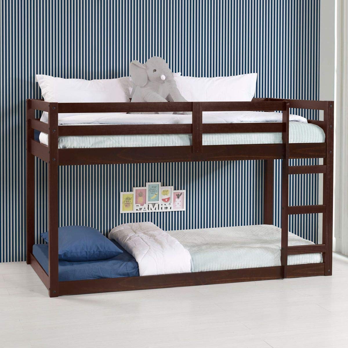 Twin Over Twin Wooden Bunk Bed with Safety Rail & Ladder - Low Loft Bed Frame for Kids, Boys & Girls - Espresso Finish | Perfect for Small Bedrooms, Shared Kids' Rooms & Sleepovers