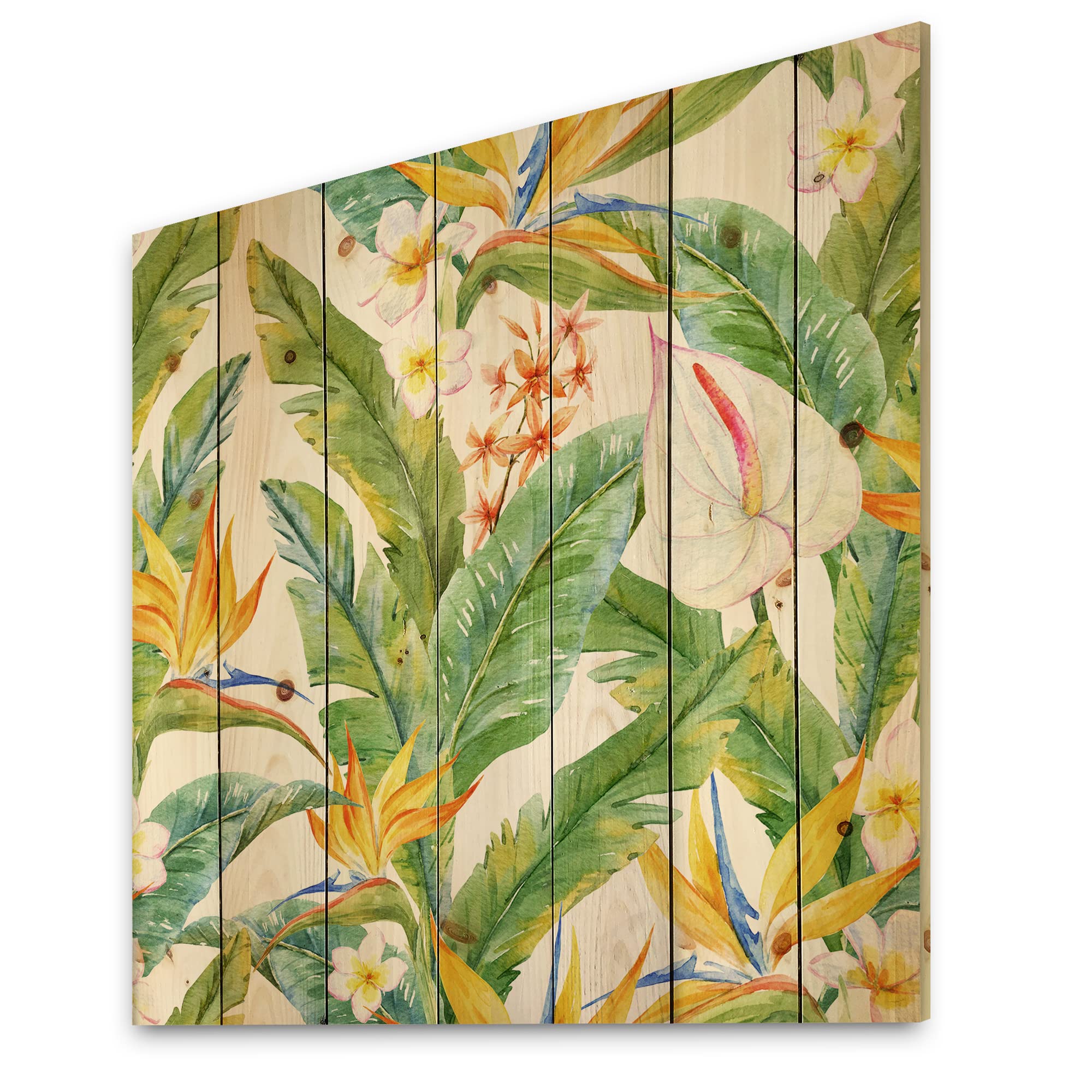 DesignQ Tropical Foliage & Yellow Flowers Modern Wood Wall Art - Large Floral Pine Wood Panel Decor for Living Room, Bedroom & Office