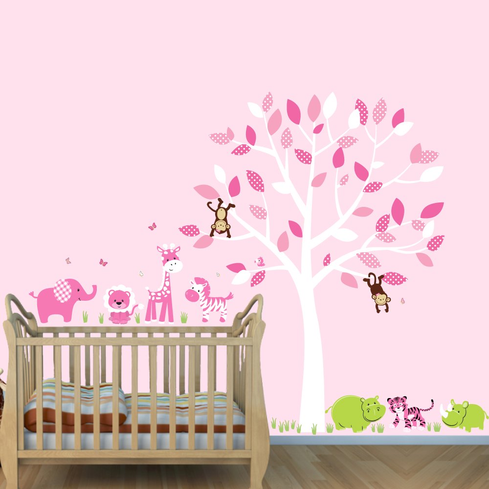 Girls Animal Wall Decals - Cute Hippo & Tiger Stickers for Nursery, Pink Fabric Tree Decals - Perfect for Baby Room Decor & Kids Bedroom Design
