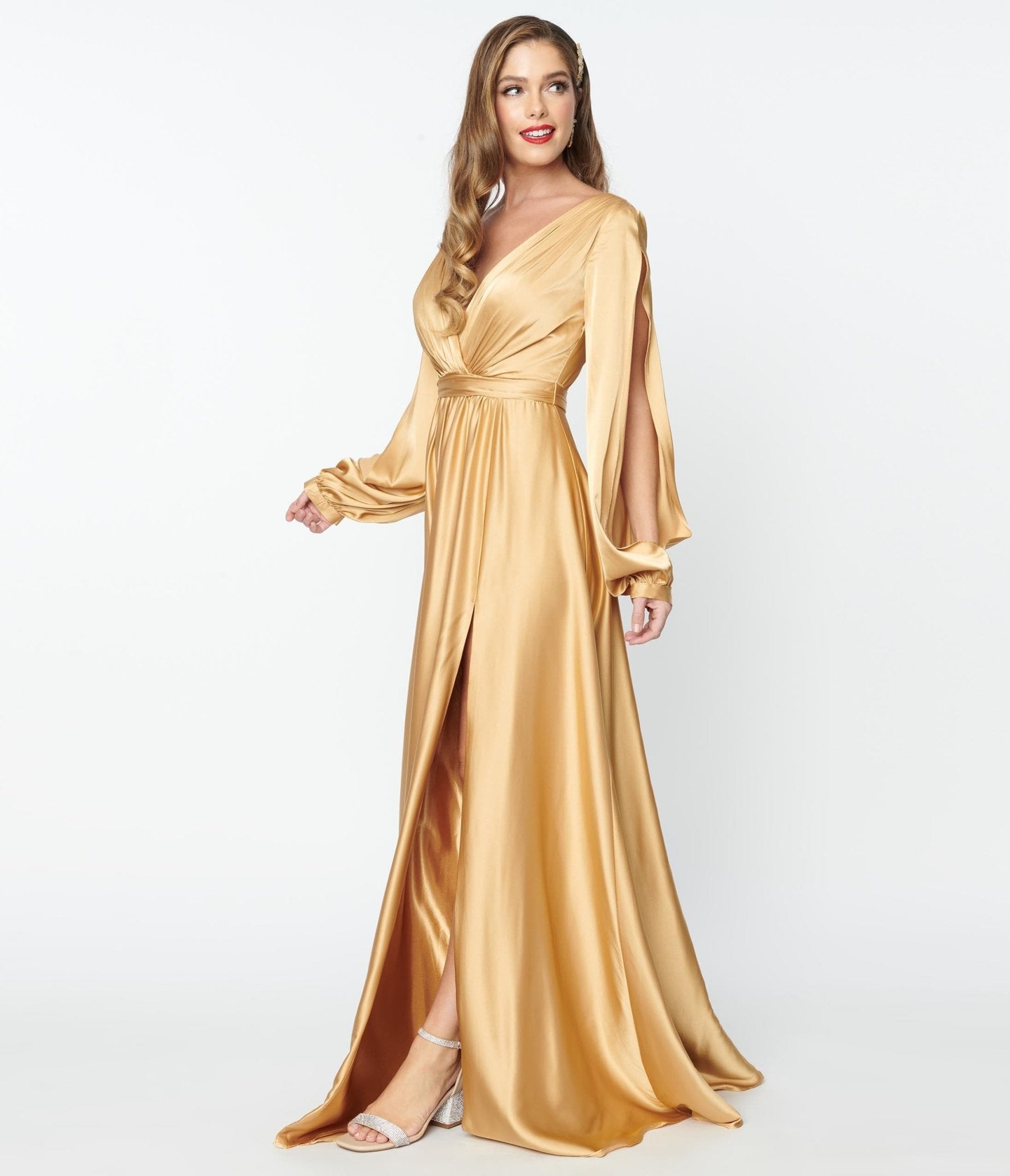 Elegant Gold Satin Long Sleeve Goddess Gown for Women - Perfect for Evening Gala, Prom Night & Special Occasions
