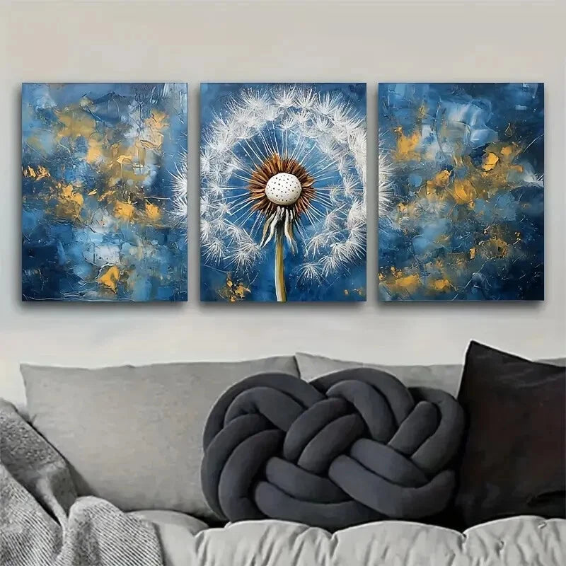 3-Piece Abstract Blue and Golden Dandelion Wall Art Set - Framed Canvas Prints 40x60cm (16x24in) - High Quality Australian Made Ready-to-Hang Home Decor for Living Room, Bedroom & Office
