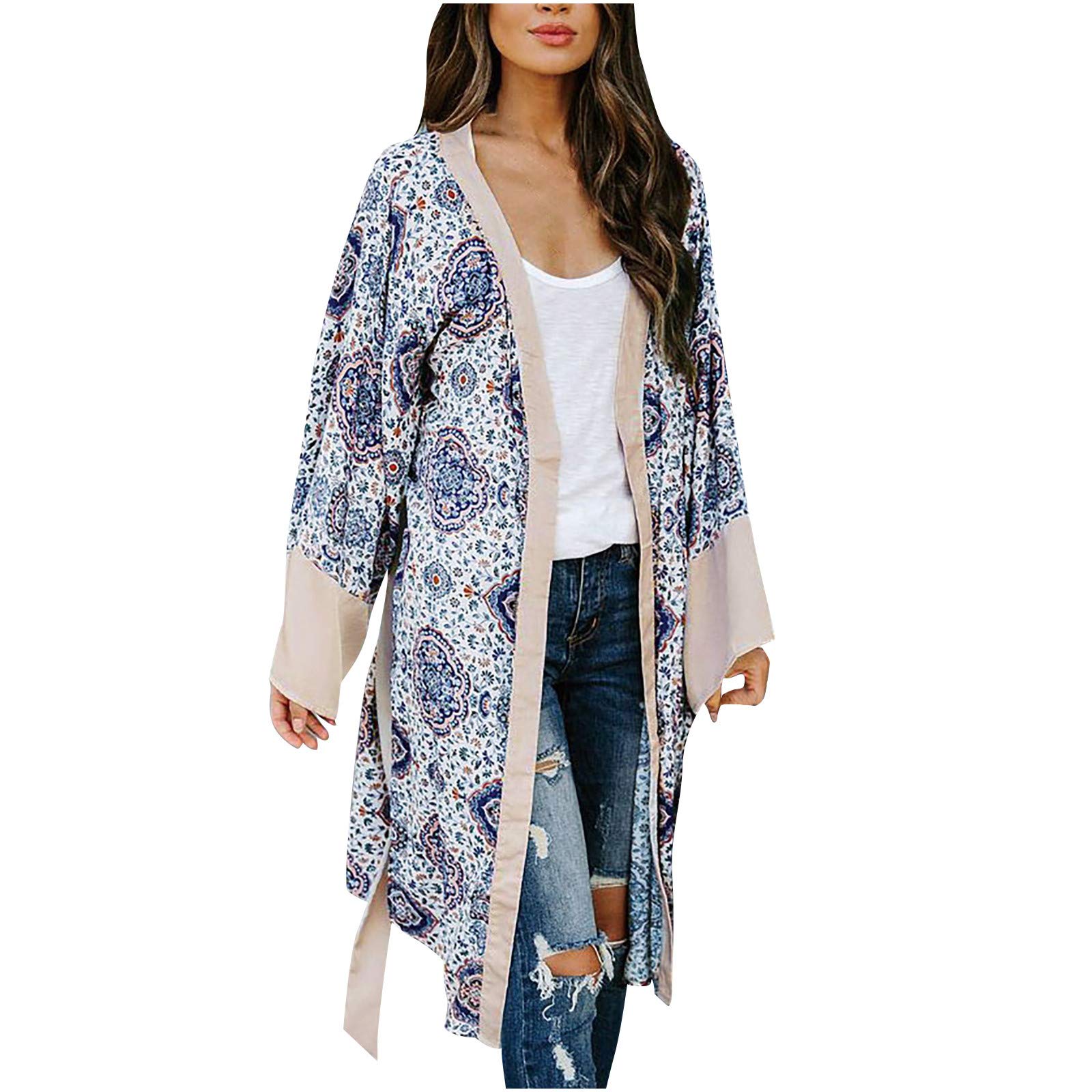 Women's Casual Open Front Printed Kimono Cardigan - Flowy Loose Dress Blouse & Sweater in Tan | Perfect for Layering, Beach Cover-Up, and Boho Chic Outfits