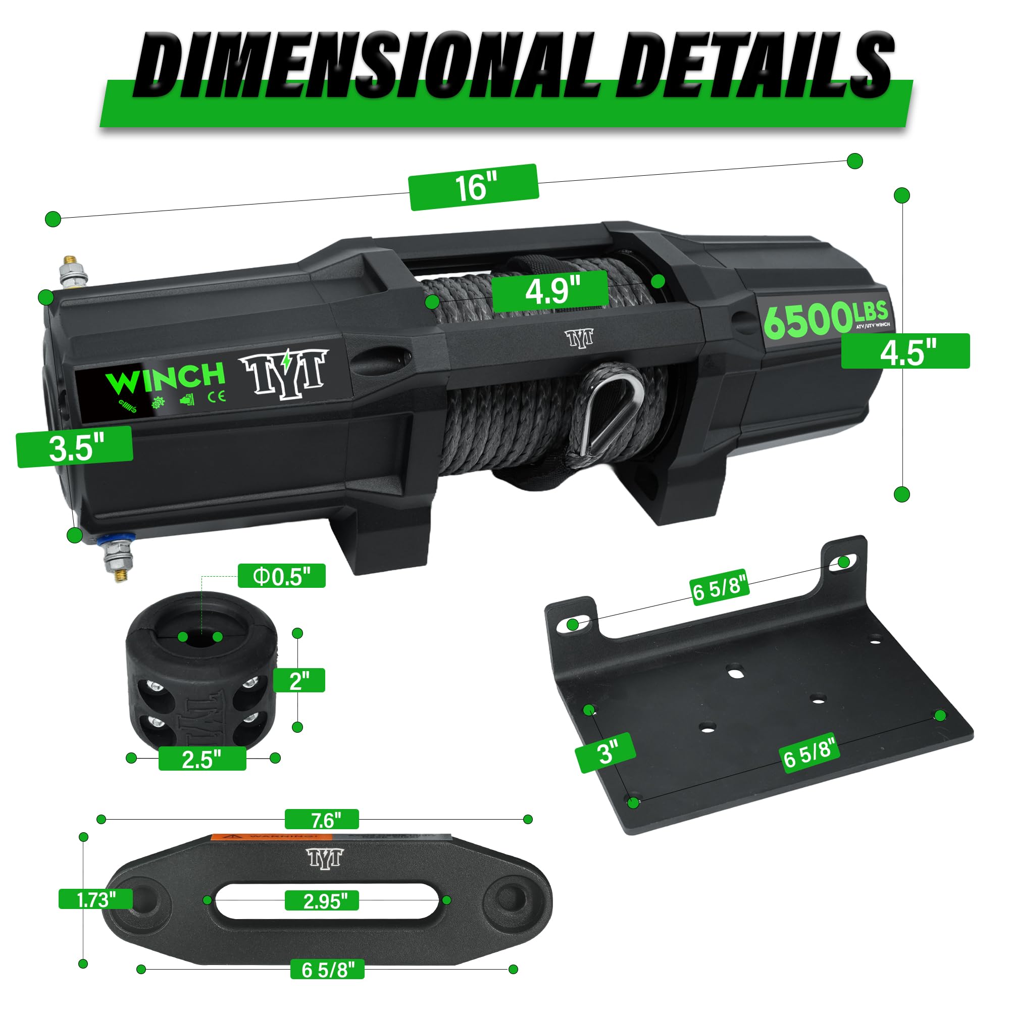 TYT 6500 lb UTV Winch Kit - 12V DC Electric Trailer Winch with Wireless Remote & Wired Switch, 1/4
