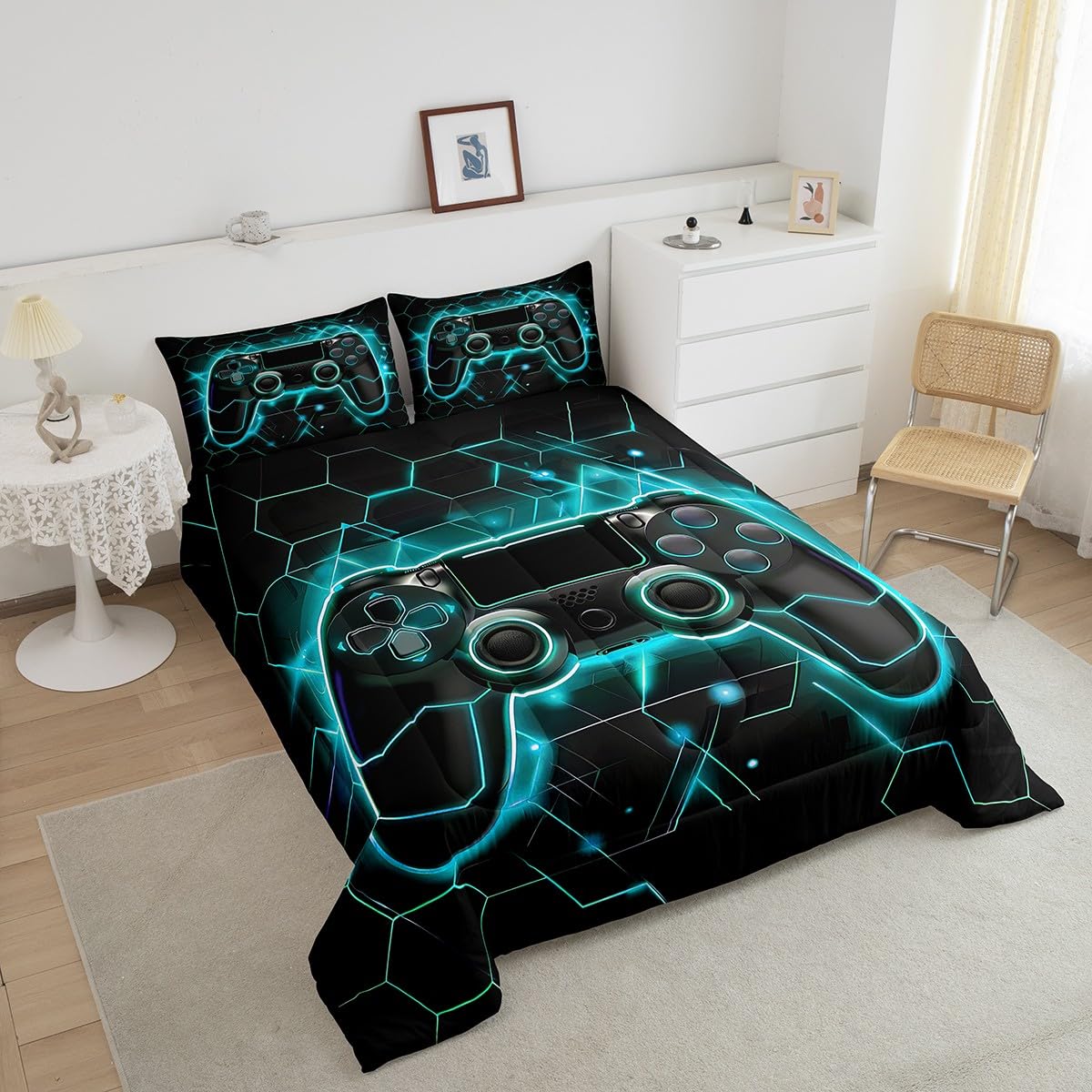 Erosebridal Honeycomb Twin Bedding Set - Neon Gaming Comforter for Boys & Kids, Teal Blue Gamer Bedding for Toddler Room Decor | Perfect for Gaming Themed Bedrooms & Sleepovers