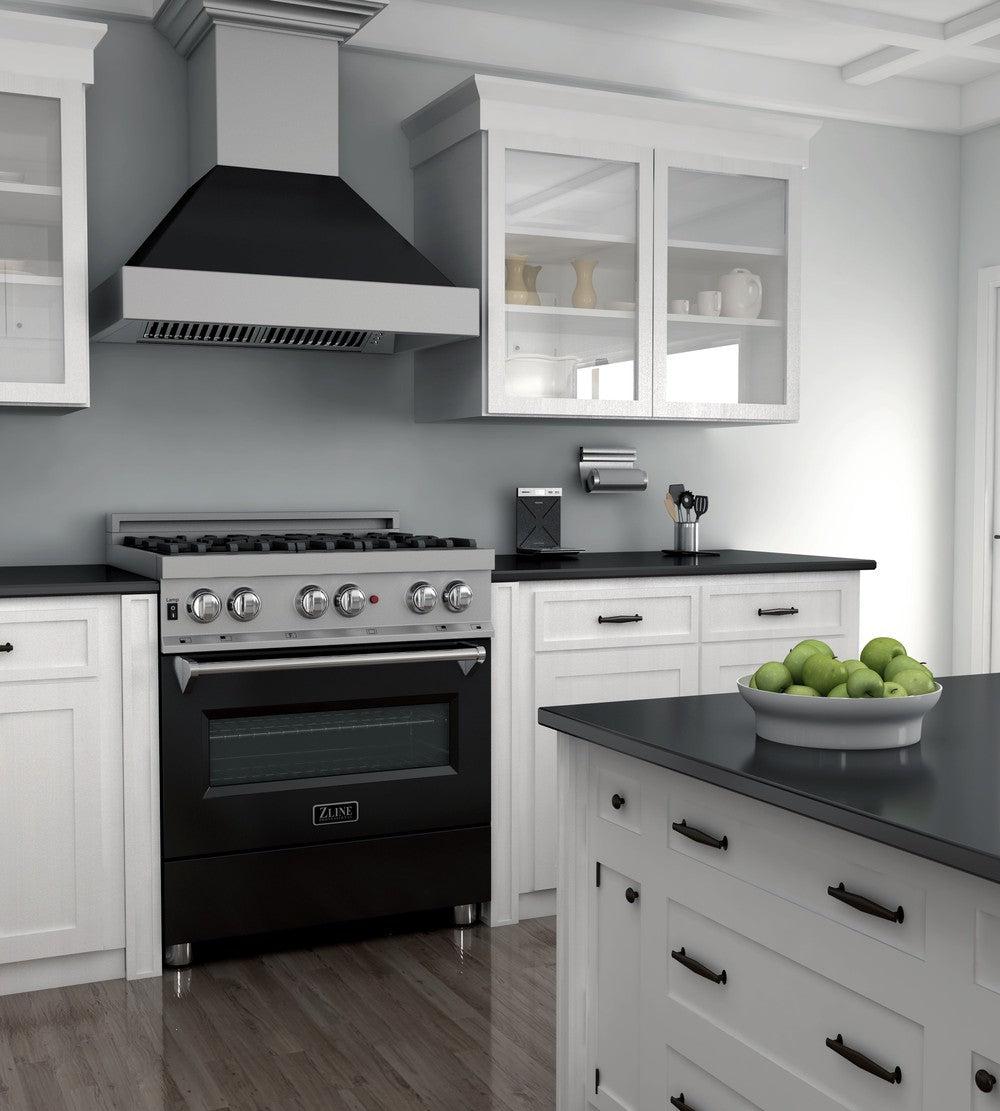 ZLINE 30-Inch 4.0 cu. ft. Dual Fuel Range with 4-Burner Gas Cooktop & Electric Convection Oven - Satin Stainless Steel & Black Matte Door (RAS BLM 30) - Perfect for Modern Kitchens, Home Chefs & Professional Cooking