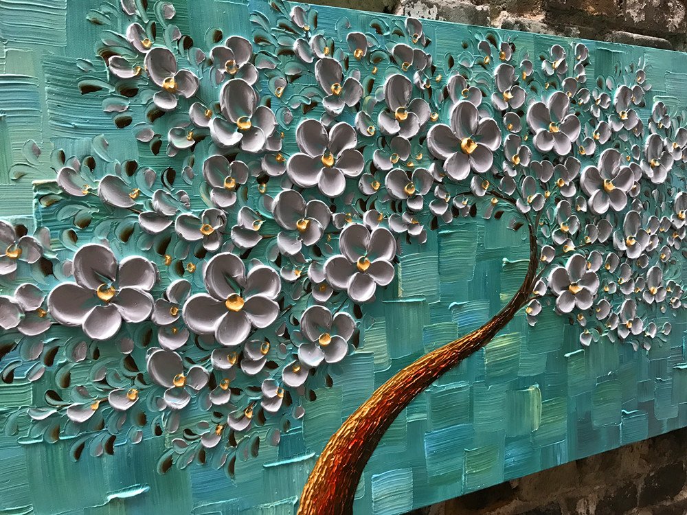 YaSheng Art - 24x60 Inch Large Abstract Floral Oil Painting on Canvas, 3D Texture Palette Knife Art, Silver Flower Tree Wall Decor - Perfect for Living Room, Bedroom & Office Wall Art