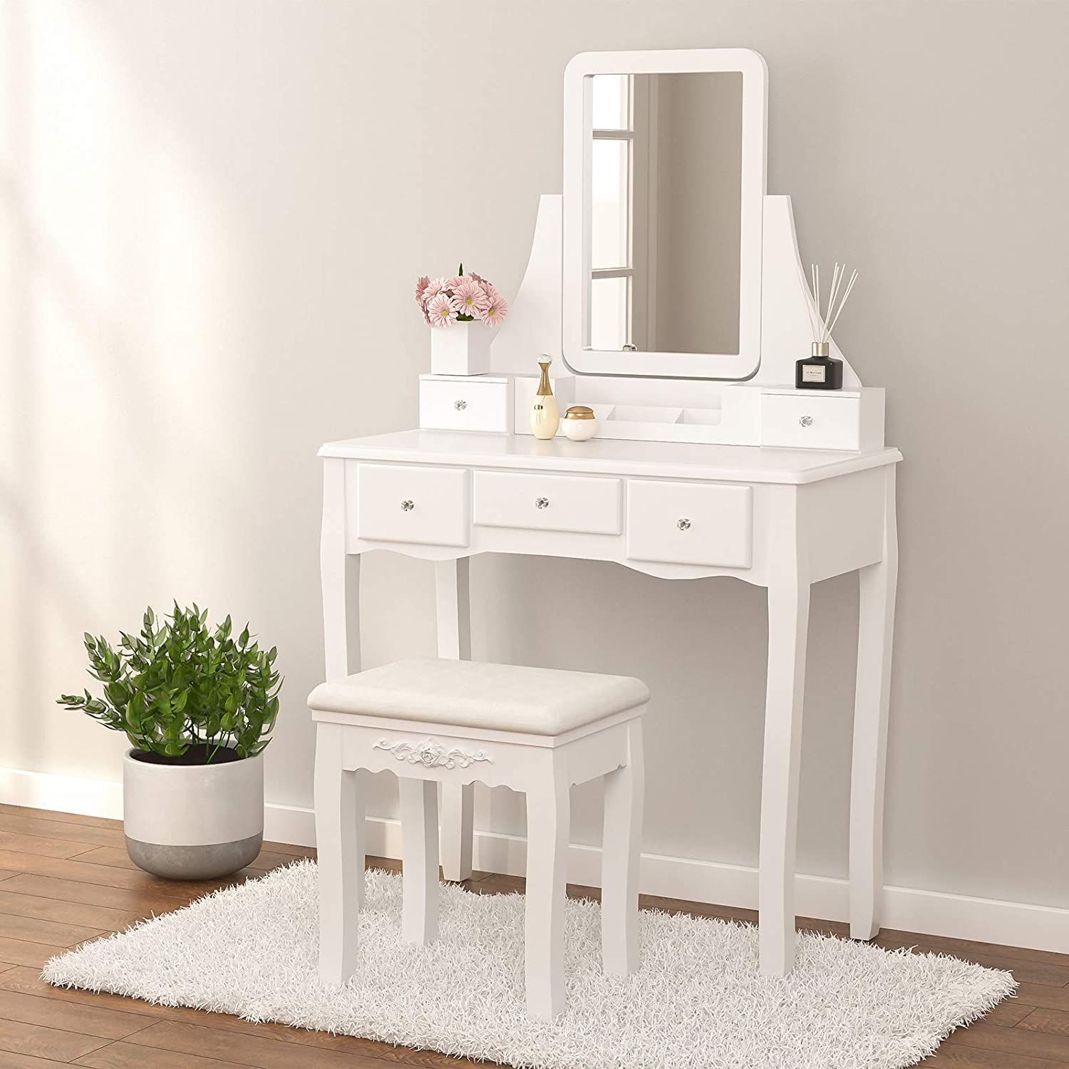 Vanity Table Set with Mirror & 5 Drawers - White Wood Makeup Dressing Table with Cushioned Stool for Women, Girls & Kids - Perfect for Bedroom, Cosmetics Storage & Beauty Routine (Square Mirror Design)