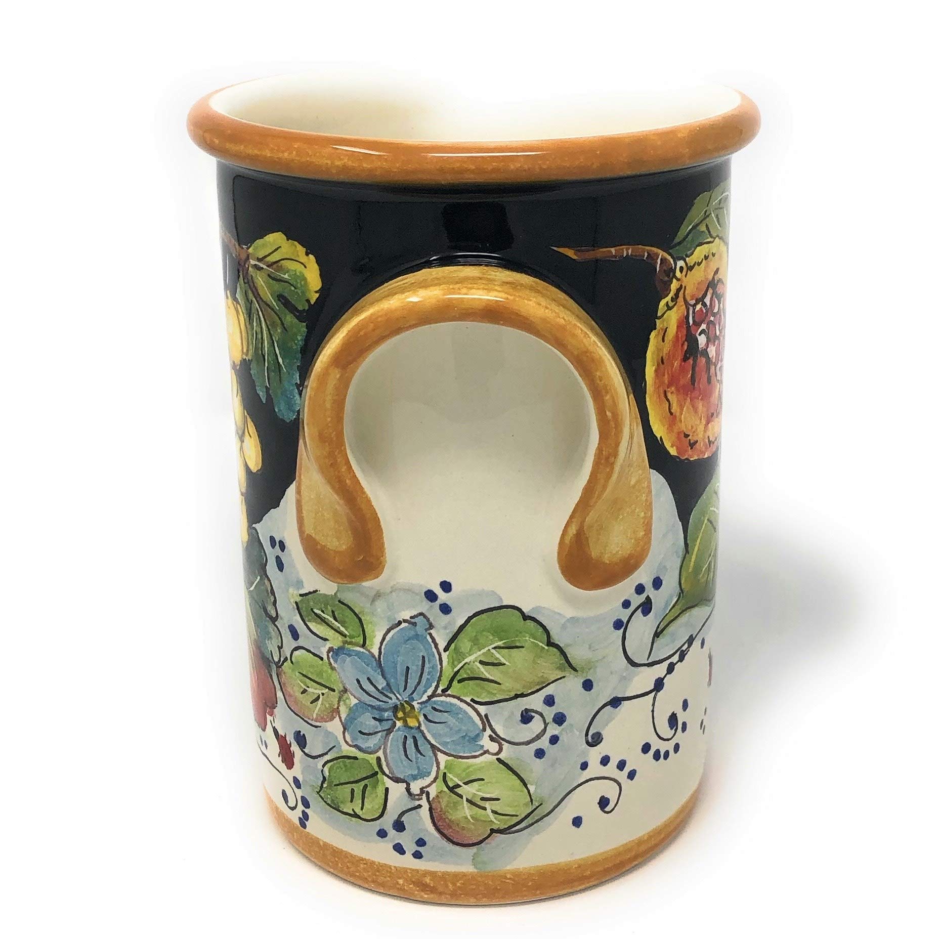 Hand Painted Italian Pottery Utensil Holder & Wine Bottle - CERAMICHE D'ARTE PARRINI Tuscan Florence Decorated Fruits - Authentic Made in Italy Ceramic Kitchen Decor for Rustic Farmhouse & Mediterranean Style Homes