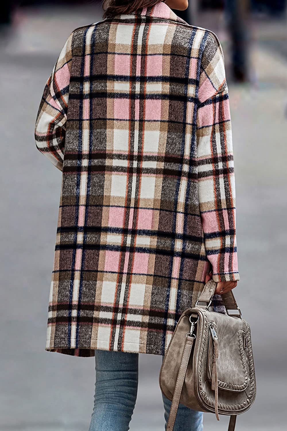 Stylish Women's Plaid Long Wool Coat with Pockets - Warm Turn-Down Collar Jacket for Autumn & Winter | Perfect for Outdoor Activities, Office Wear, and Casual Fashion