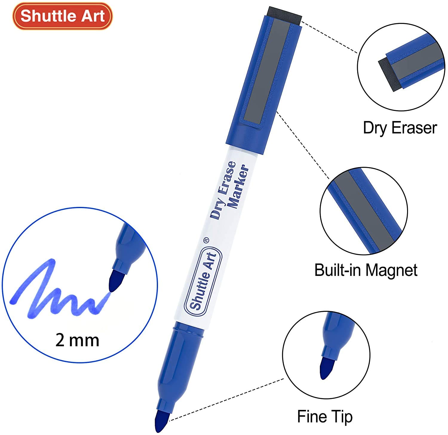 Shuttle Art 60 Pack Fine Point Dry Erase Markers - Magnetic Whiteboard Markers with Eraser for School, Office & Home - Perfect for Whiteboards, Glass, Mirrors & Refrigerators - Ideal for Teaching, Presentations & Home Organization