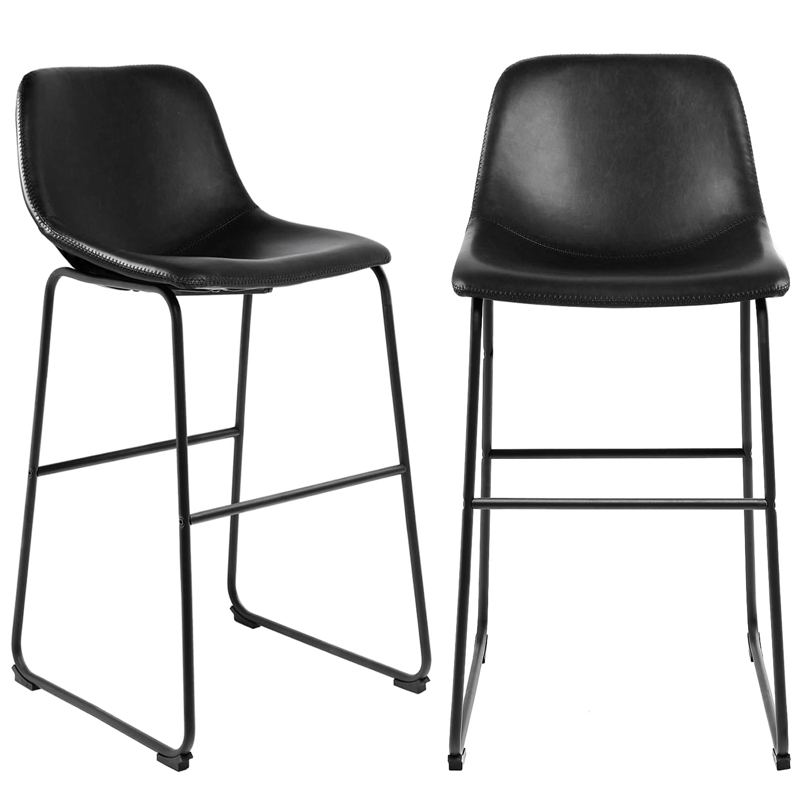 Modern Black PU Leather Bar Stools Set of 2 with Backrest & Footrest - 24