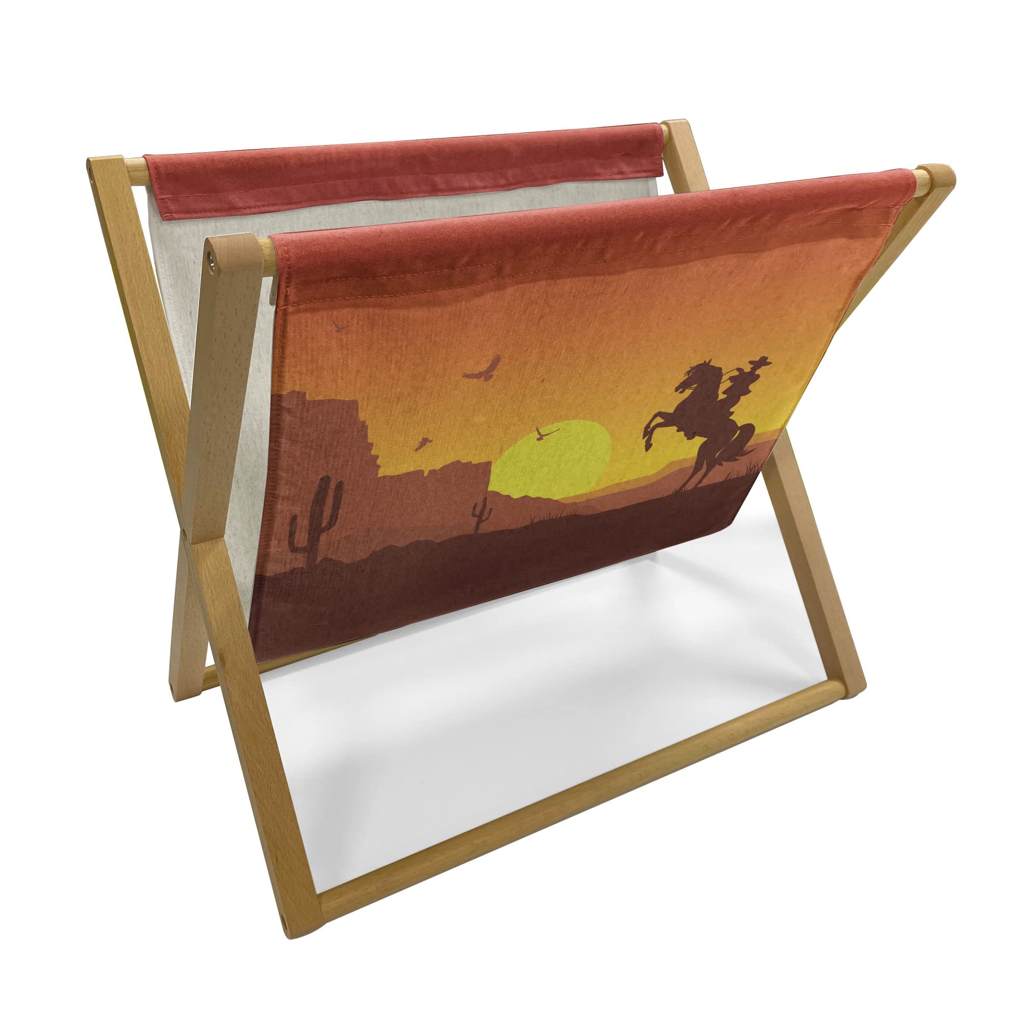 Lunarable Western Magazine & Book Holder - Wild West Desert Cowboy on Horse Sunset Cactus Design - 22x19 Inch Floor Rack Organizer for Office, Home & School - Orange Yellow Brown - Perfect for Western Decor, Reading Nooks & Cowboy-Themed Rooms