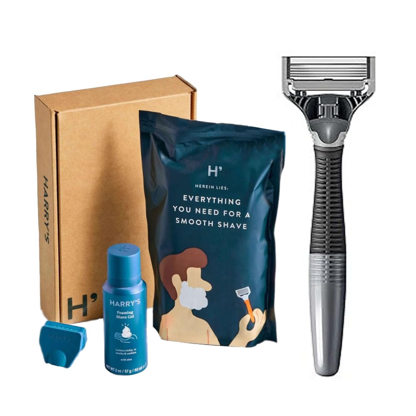 Harry's Shave Kit for Men - Weighted Ergonomic Razor Handle, 5-Blade Razor, Foaming Shave Gel (2oz) & Travel Cover - Perfect Travel Shaving Set & Gift for Him - Ideal for Business Trips, Camping & Daily Grooming