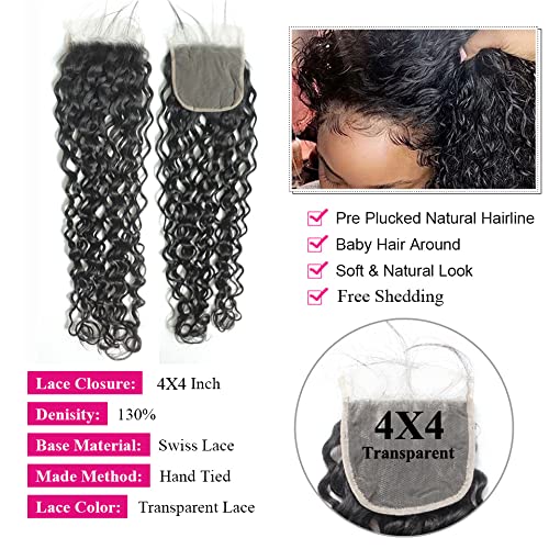 Brazilian Virgin Hair 4 Bundles With Closure - Water Wave 16 18 20 22 Inch - 14 Inch Lace Closure - Unprocessed Human Hair Weave Extensions for Natural Look & Styling