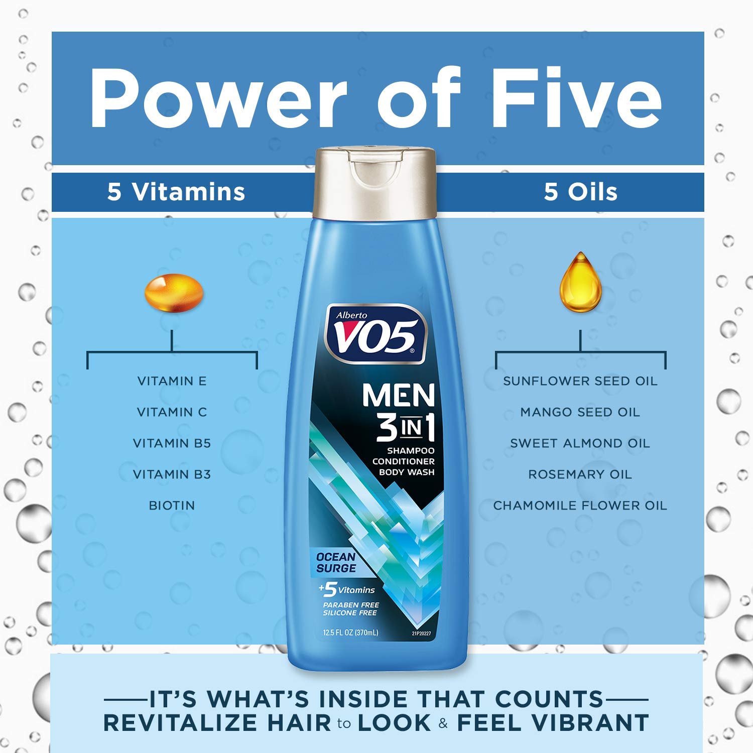 VO5 Men's 3-in-1 Shampoo, Conditioner & Body Wash - 12.5 oz Ocean Surge with 5 Essential Vitamins (A, H, C, B5, B3) for Hydrated Hair & Skin - Perfect for Gym, Travel & Daily Shower Routine