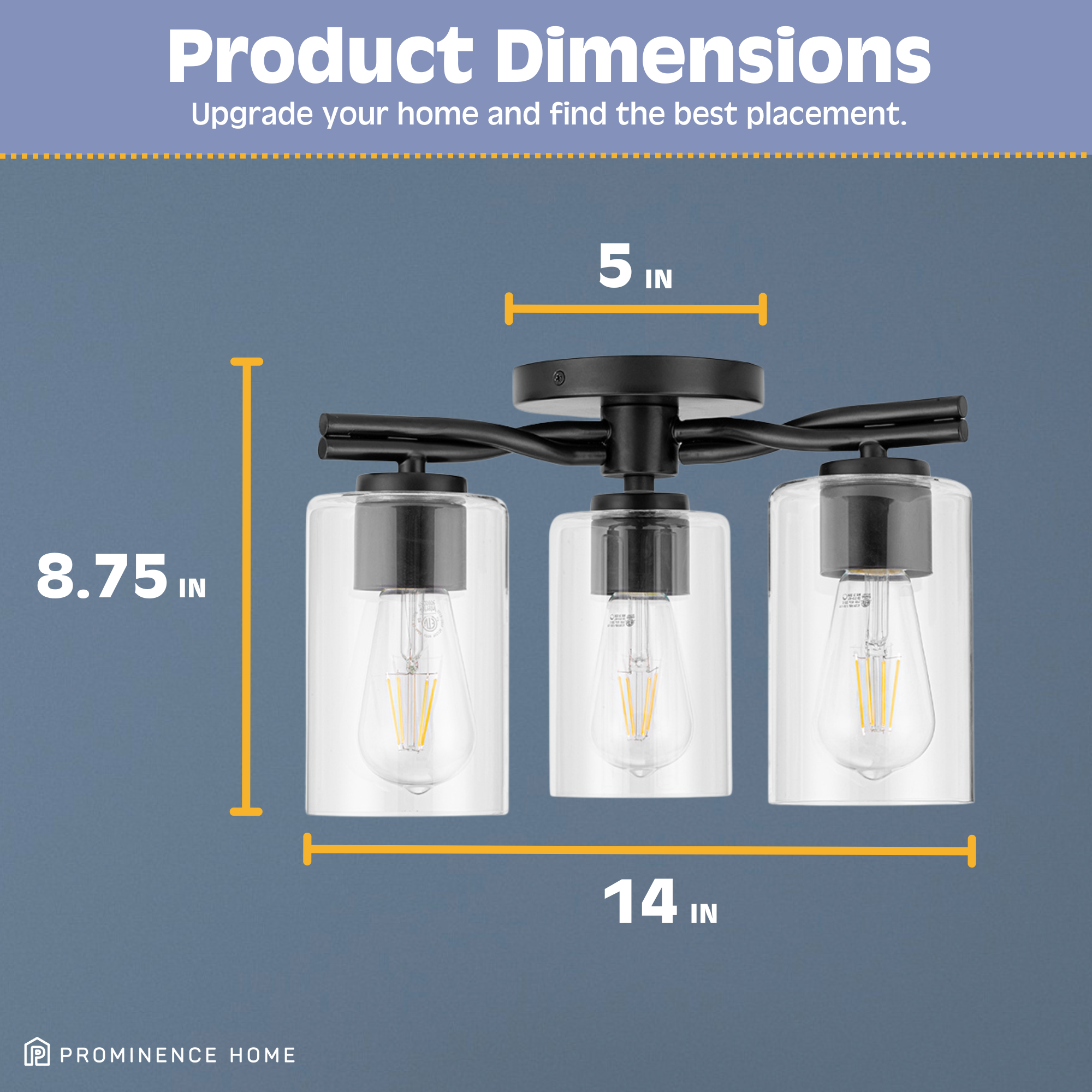 3-Light Semi Flush Mount Ceiling Light Fixture - Matte Black with Clear Glass Shades - Perfect for Bedroom, Living Room, Kitchen, and Hallway Lighting