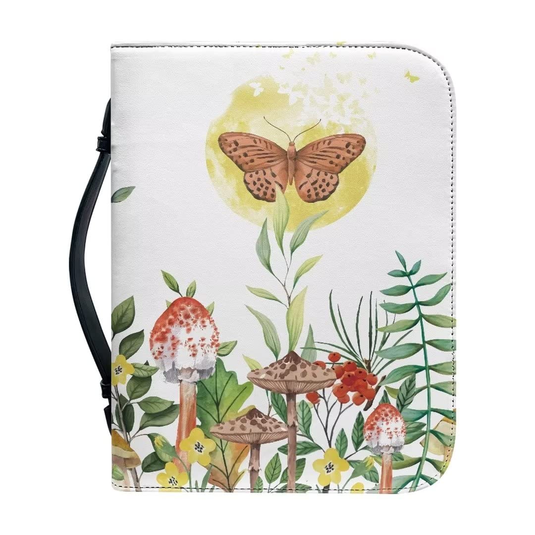 Floral Butterfly Mushroom Bible Cover for Women & Men - 11.2x8x2.2 Inch Leather Zippered Church Bag with Bookmark & Pocket - Perfect Gift for Bible Study, Church Services & Travel