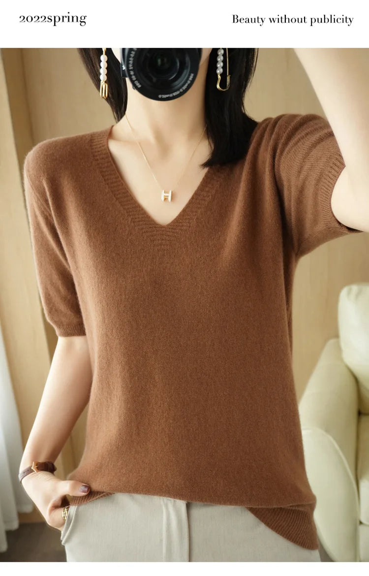 Solid Color V-Neck Half-Sleeve Cashmere Sweater for Women - Soft Thin Knit Casual Top for Office Wear & Fall Layering