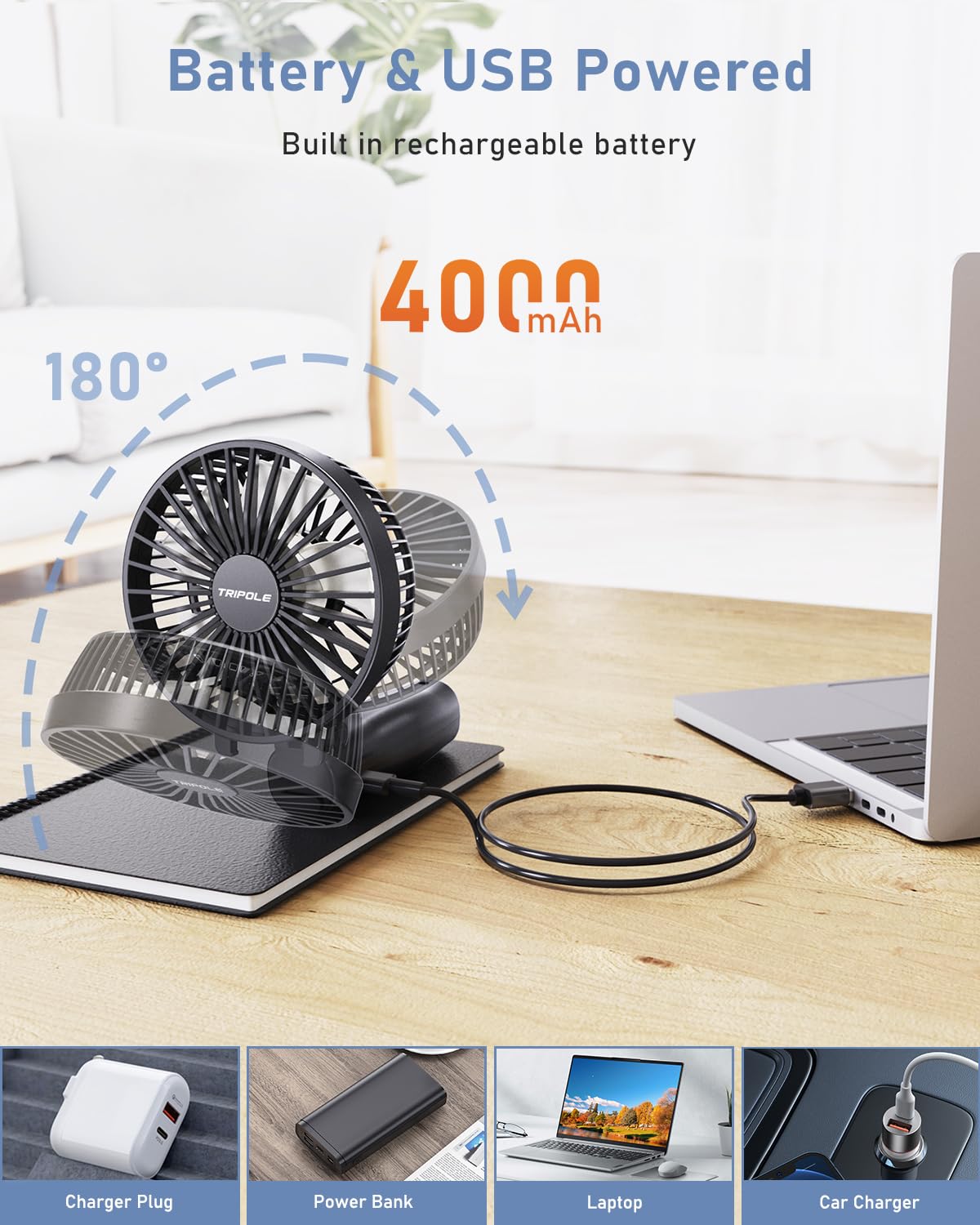 TriPole Rechargeable Handheld Desk Fan - 4800mAh Foldable USB Mini Fan with 3 Speed Settings, 6-21 Hours Runtime, 180° Adjustable - Perfect for Office, Camping, Sports, Travel & Home Use - Black