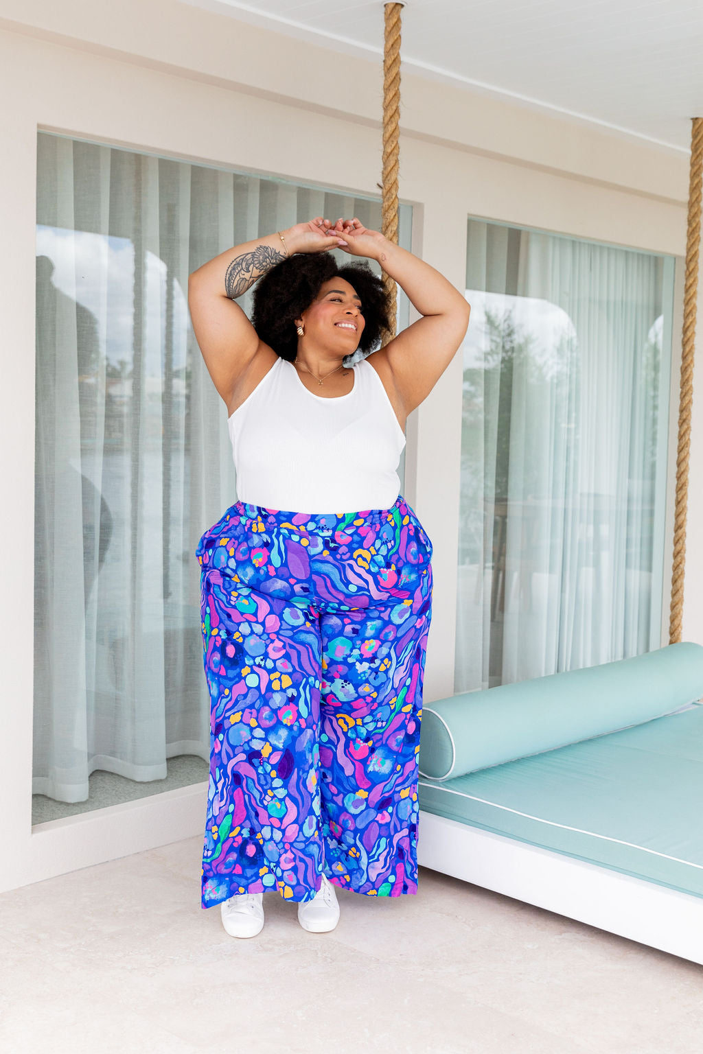 Kasey Rainbow Larsa Pants - Women's High Waisted Flowy Beach Pants in Reef Blue | Perfect for Summer Vacations, Beach Outings & Boho Fashion
